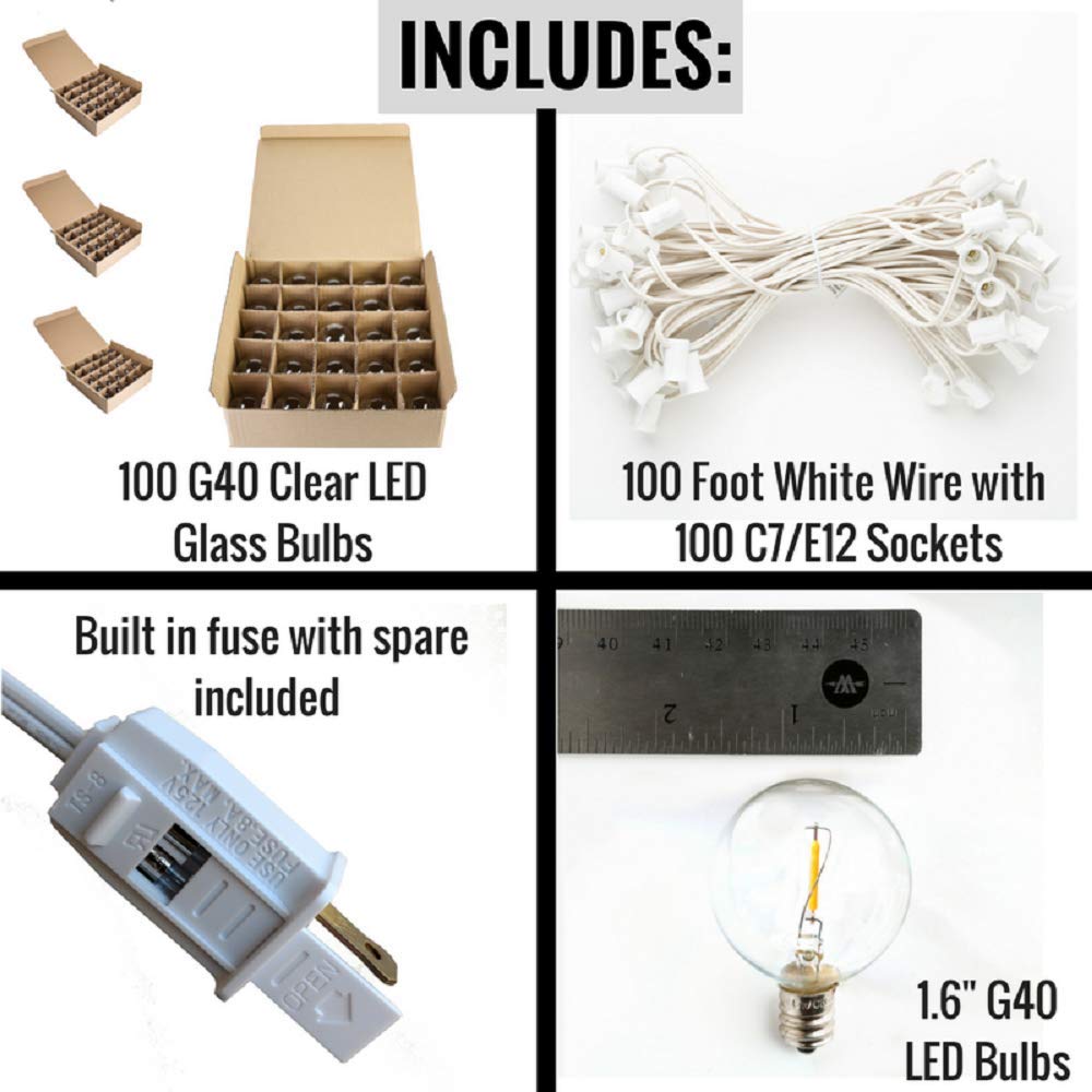 G40 LED Warm White Outdoor String Lights - 100 ft Weatherproof Patio Lights with 0.6W Edison Bulbs - Perfect for Backyard, Garden, Wedding & Party Decorations
