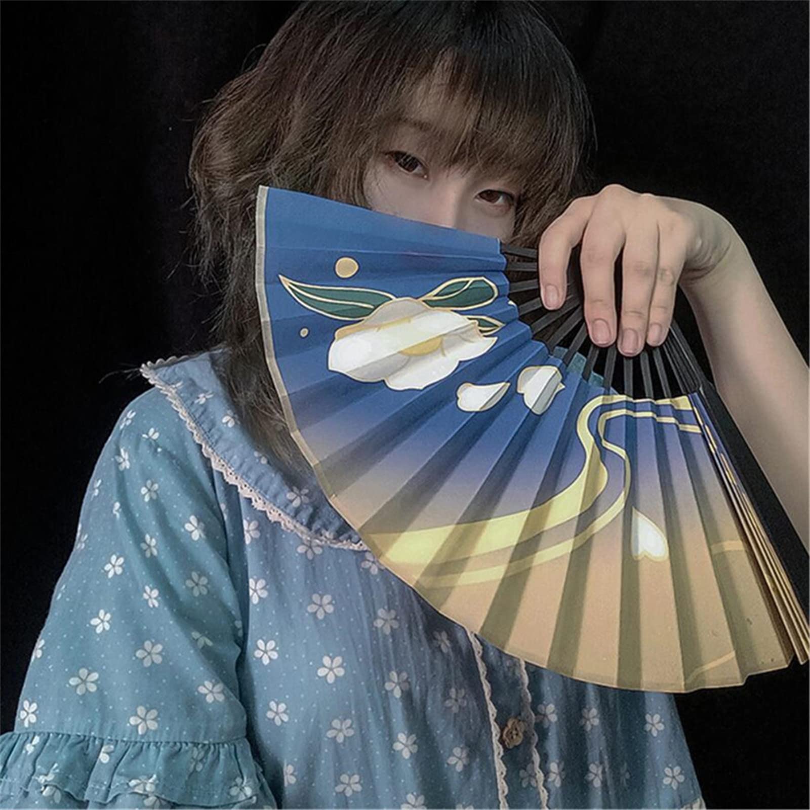 AwwwCos Kamisato Ayaka Folding Fan - Double-Sided Cloth Hand Fan for Cosplay, Anime Convention, Genshin Impact Costume Accessory - Perfect for Themed Parties, Photo Shoots & Japanese Culture Events