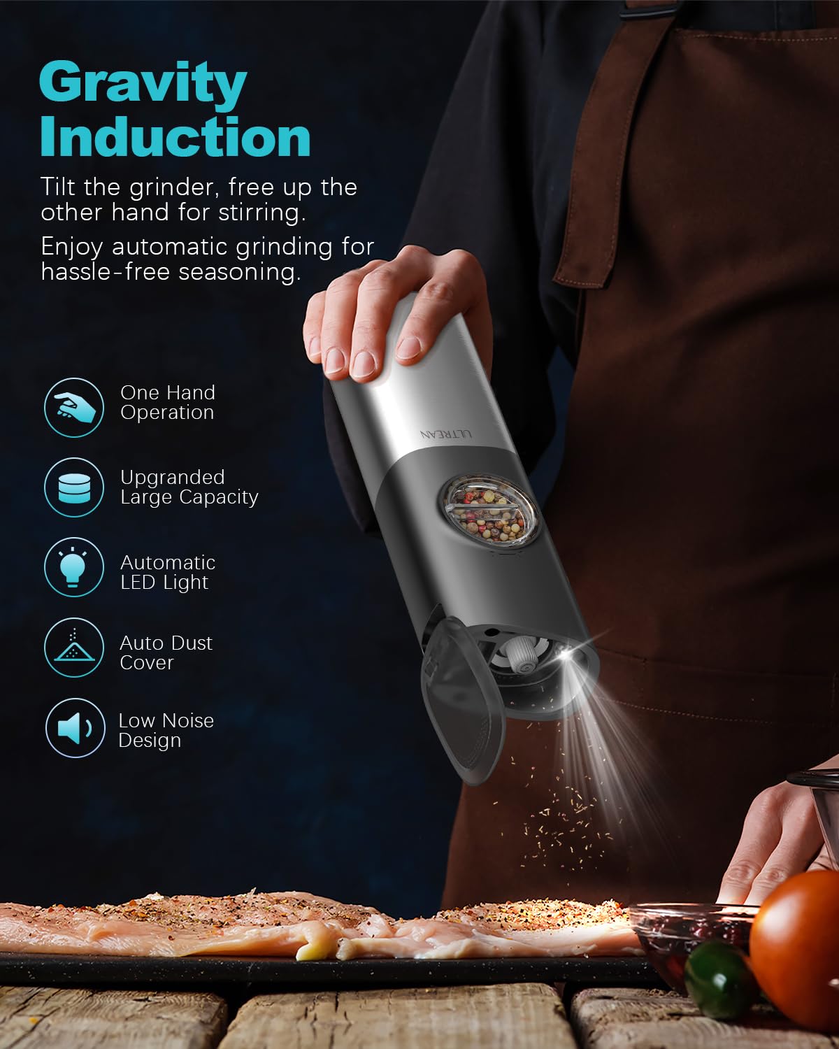 Ultrean USB Rechargeable Gravity Electric Salt and Pepper Grinder Set - Adjustable Coarseness, One-Hand Operation, Stainless Steel - Perfect for Kitchen, Dining Table & Outdoor BBQ