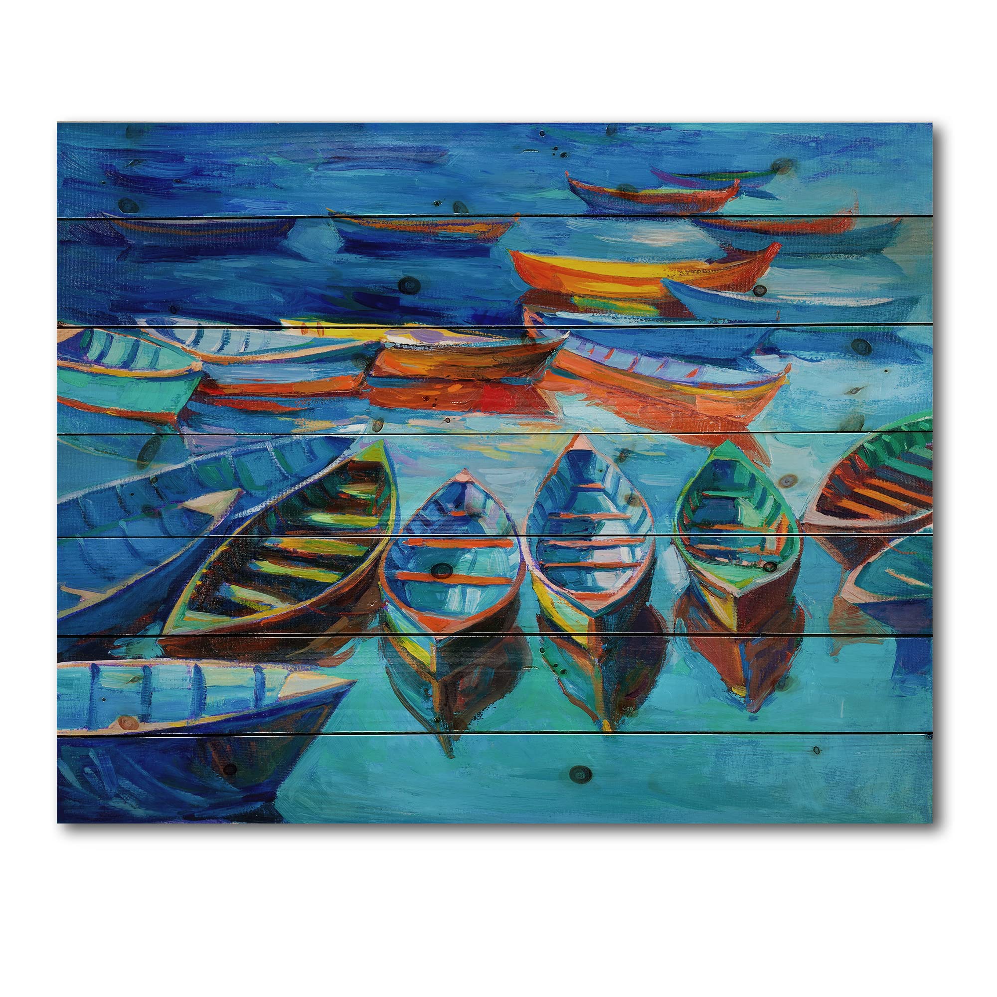 DesignQ Little Boats Waiting in the Harbor - Nautical & Coastal Wood Wall Decor, Blue Wood Wall Art, Large Transportation Wood Panels Printed on Natural Pine - Perfect for Beach House, Living Room, or Office Decoration