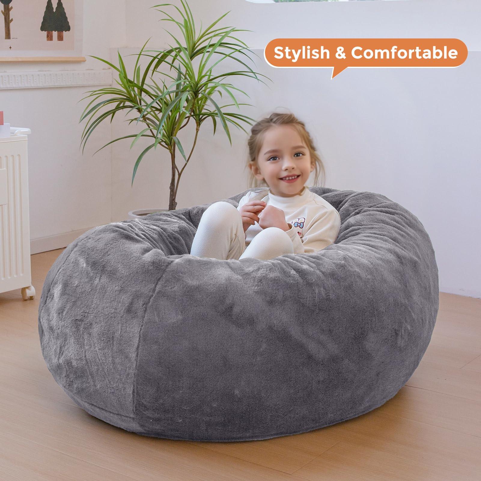 MAXYOYO 3-in-1 Kids Bean Bag Chair Bed - Convertible Faux Fur Round Floor Sofa for Children's Room, Gaming & Reading Nook - Dark Grey - Perfect for Playrooms, Bedrooms & Cozy Corners
