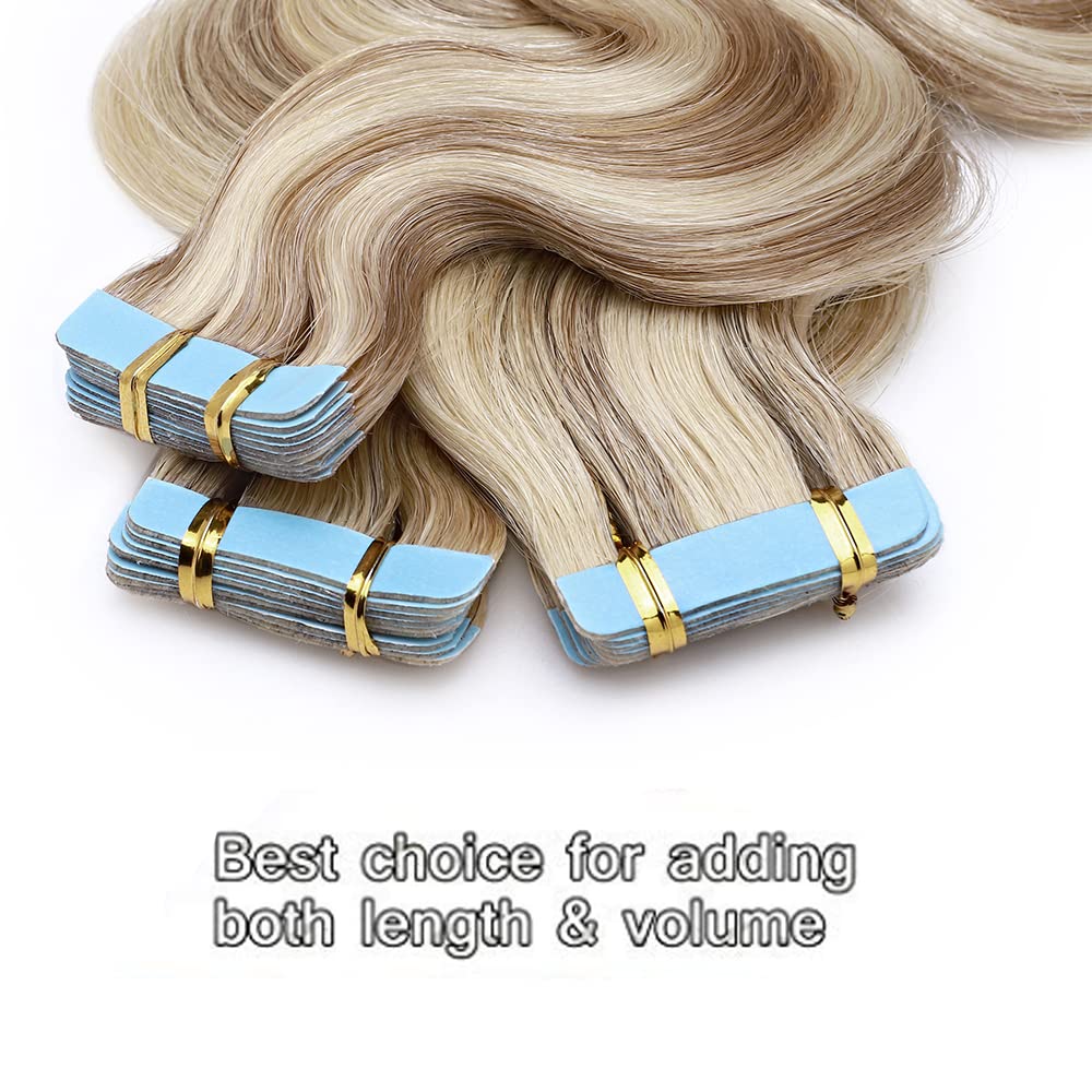 Benehair Remy Tape in Hair Extensions 20 Inch - 100g Human Hair Weft #12P613 (40pcs) - Golden Brown & Bleach Blonde Wavy Hair for Seamless Blending - Perfect for Parties, Weddings & Daily Styling