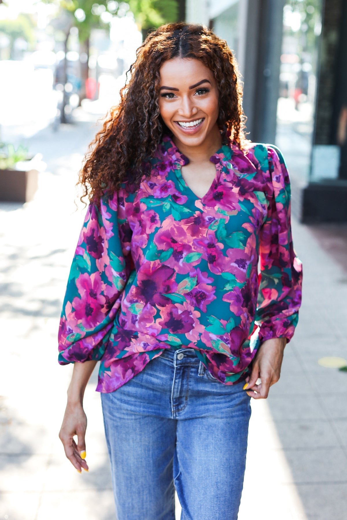Stylish Hunter Green Watercolor Floral Print Notch Neck Blouse - Elegant Women's Tops for Casual Wear, Office Outfits & Spring Fashion