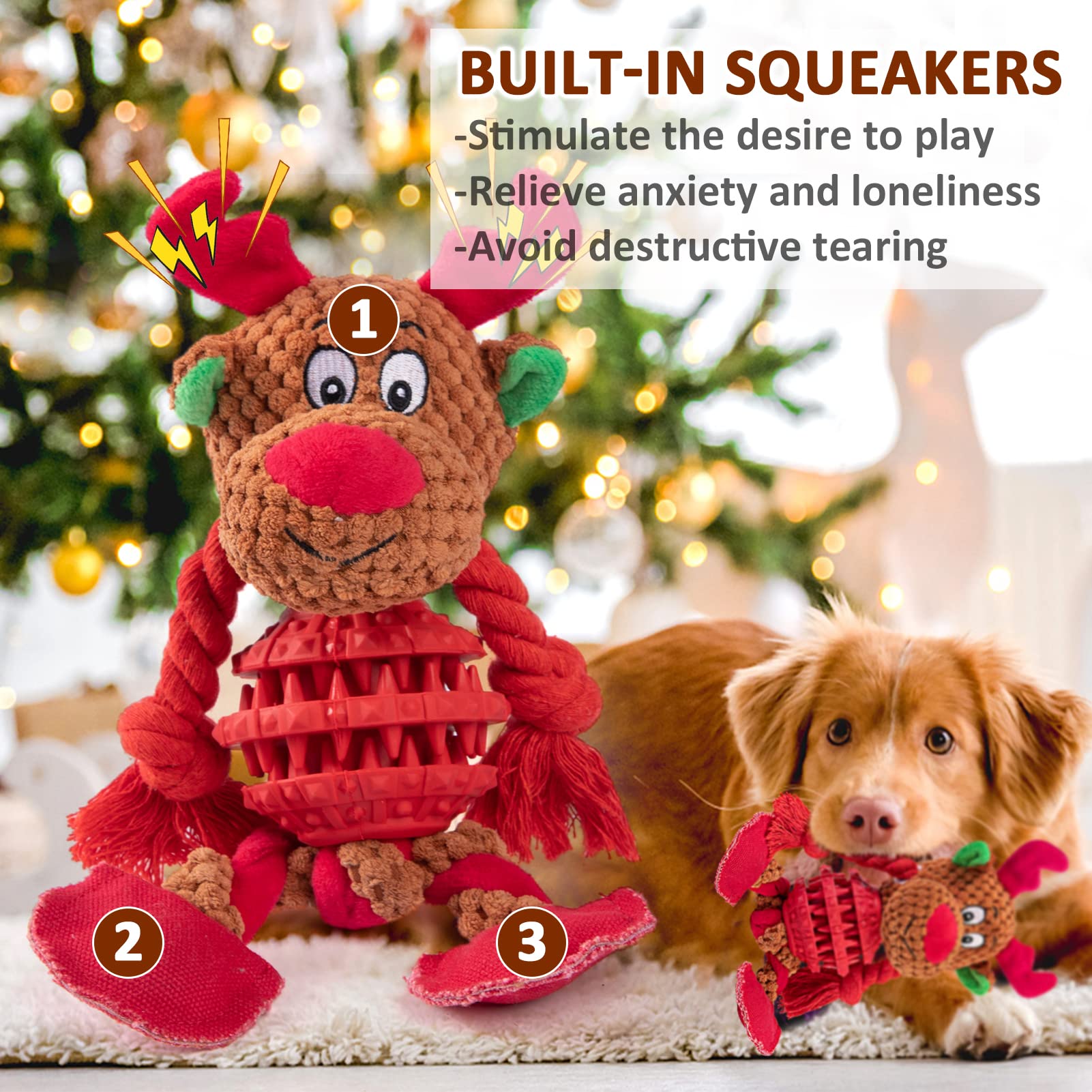 MEWTOGO Christmas Squeaky Dog Toys - Durable Chew Toys for Aggressive Chewers, Interactive Puppy Chew Toys for Large Medium Small Dogs (Elk Design) - Perfect Holiday Gift for Pets & Fun Playtime Indoors/Outdoors