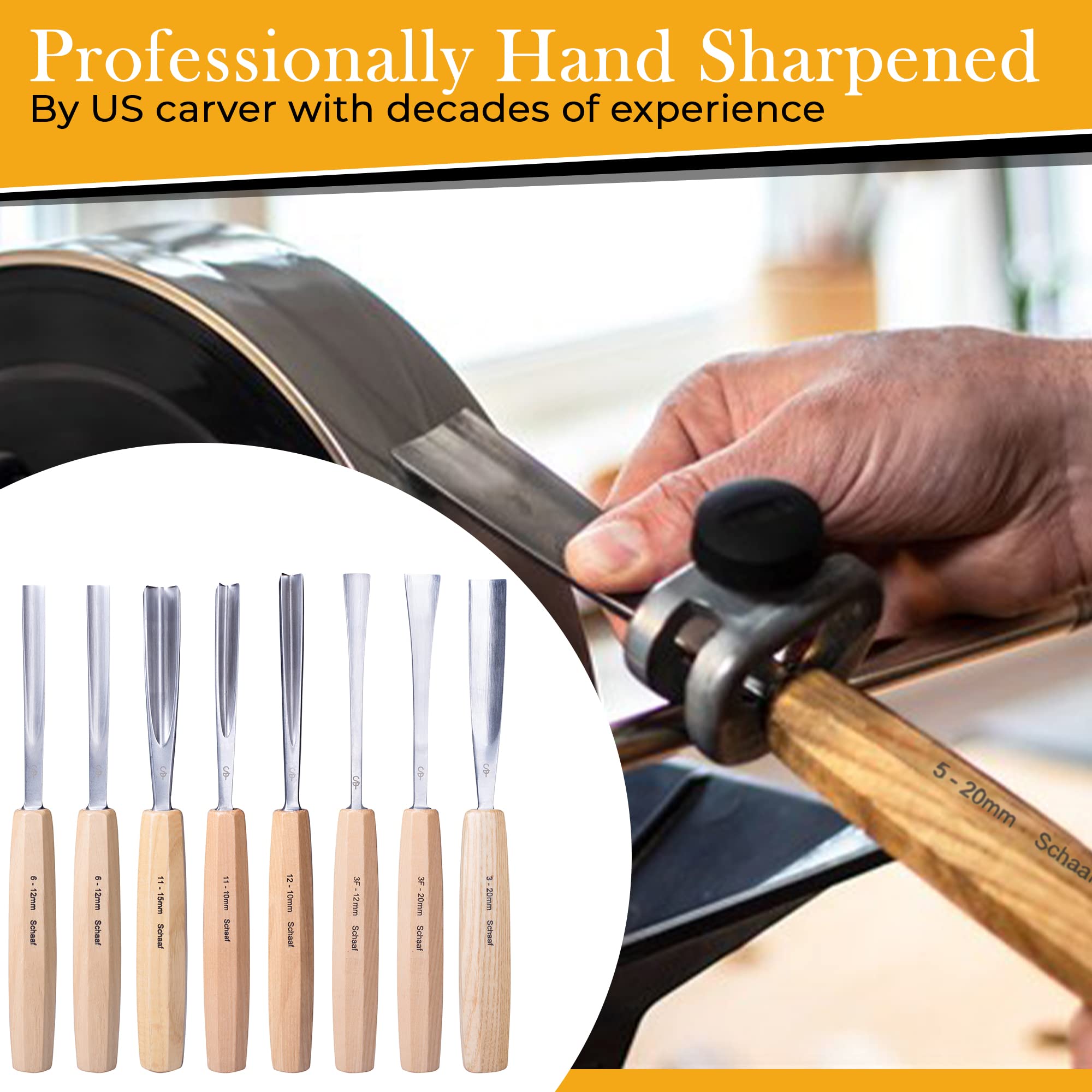 Premium Wood Carving Tools Set - 7 Hand-Sharpened Chisels & Gouges with Canvas Case | CR-V 60 Steel Blades for Professional Woodworking | Perfect for Beginners & DIY Projects | Schaaf Tools | Ideal for Furniture Making, Sculpting & Home Decor Crafts