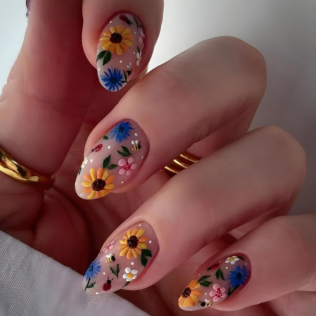 Short Press on Nails for Women - 24PCS French Almond Acrylic Fake Nails with Floral Design | Perfect for Daily Wear, Parties, Weddings & Special Occasions
