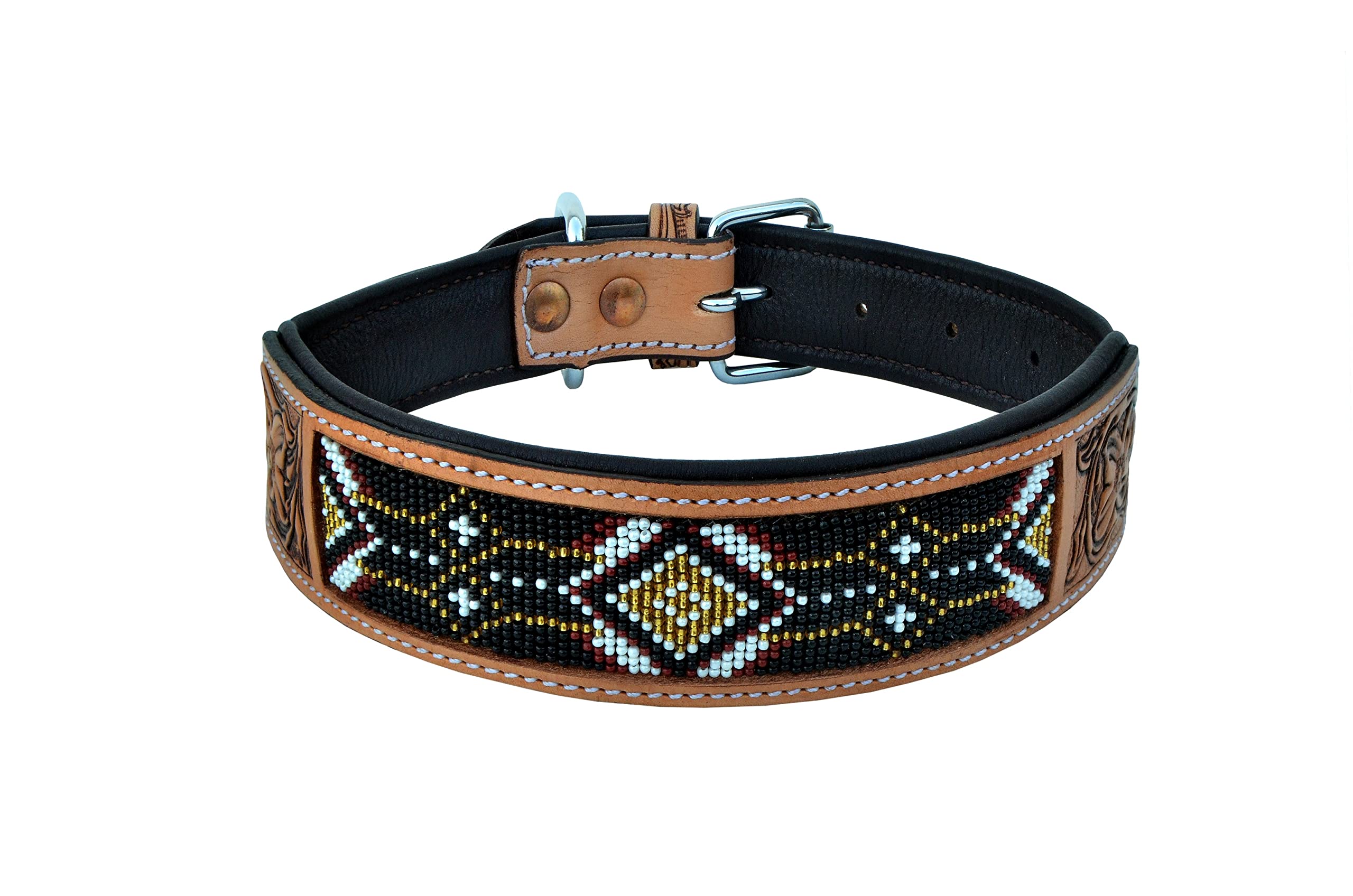 Western Beaded Leather Dog Collar - Heavy Duty Tooled Adjustable Pet Collar for Large Dogs - Perfect for Training, Walking, and Outdoor Adventures