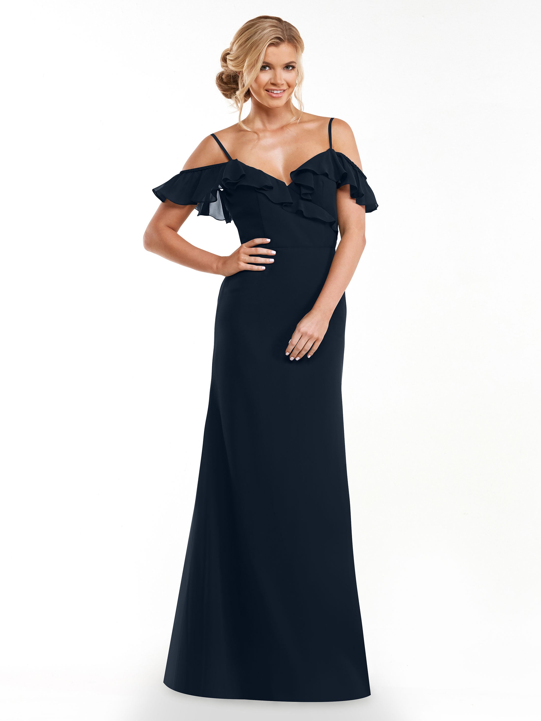 Elegant 80172 Chiffon Off-The-Shoulder A-Line Bridesmaid Dress with Ruffled Neckline - Perfect for Weddings, Formal Events & Special Occasions