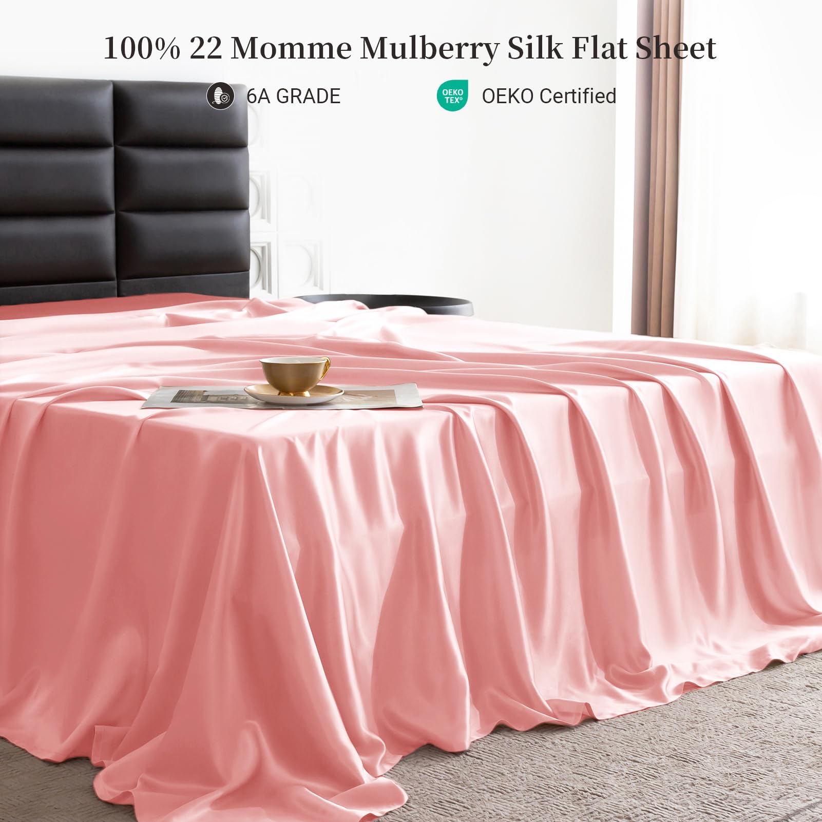 THXSILK 22 Momme 7A+ Grade Luxury Silk Sheet Set - 4 Piece Cal King Size (1 Flat Sheet, 1 Fitted Sheet, 2 Pillowcases) - Ultra Soft & Breathable Bedding for Hot Sleepers - Elegant Pink for Master Bedroom & Guest Room Decor