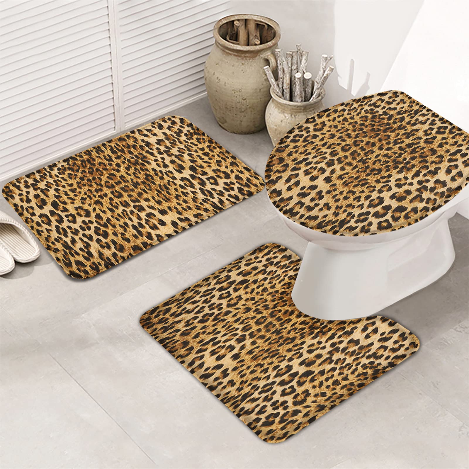 3-Piece Cheetah Print Bathroom Rug Set - Non-Slip Absorbent Shower Mats with Contour Mat & Toilet Cover | Soft Brown Leopard Bath Decor for Modern Bathrooms (Ideal for Bathroom Safety & Style)