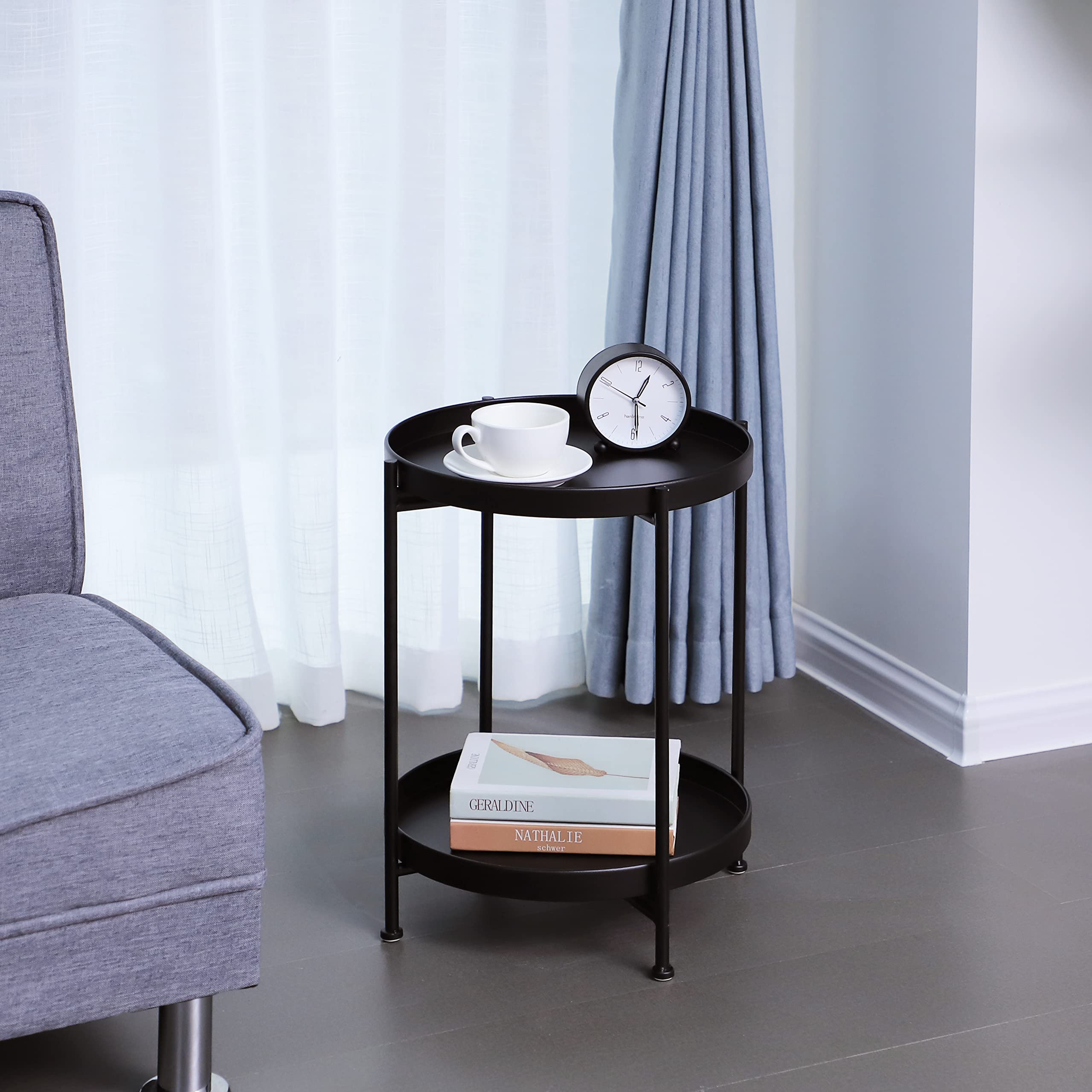 2-Tier Metal Round Tray Side Table - Small Folding Accent Coffee Table with Anti-Rust & Waterproof Finish - Perfect for Living Room, Bedroom, Balcony & Office - Black