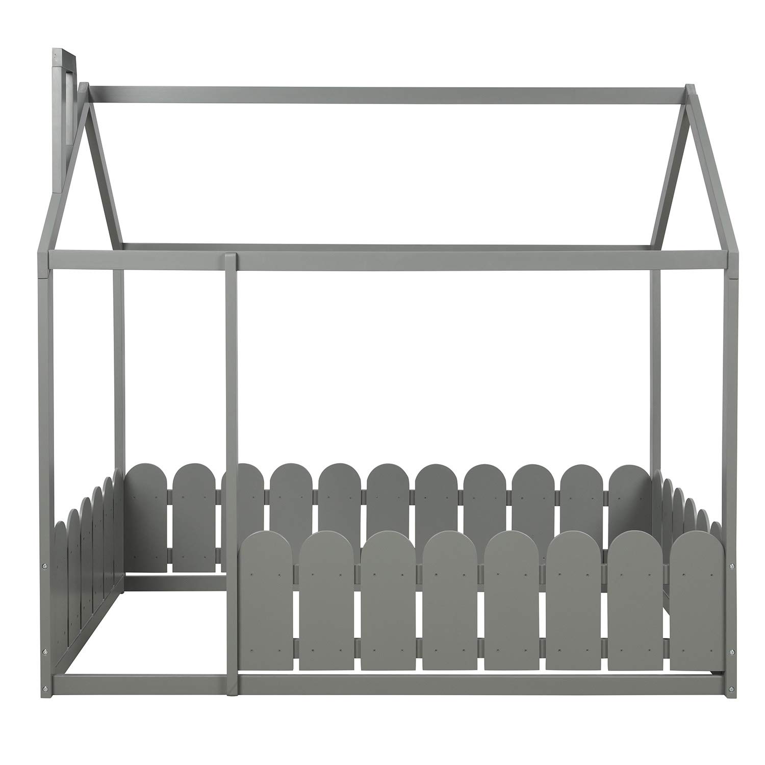 MERITLINE Wooden Twin House Bed for Kids & Teens - Gray Cabin Floor Bed with Roof & Fence - Montessori Toddler Bed for Boys & Girls - Perfect for Bedrooms, Playrooms & Montessori Classrooms