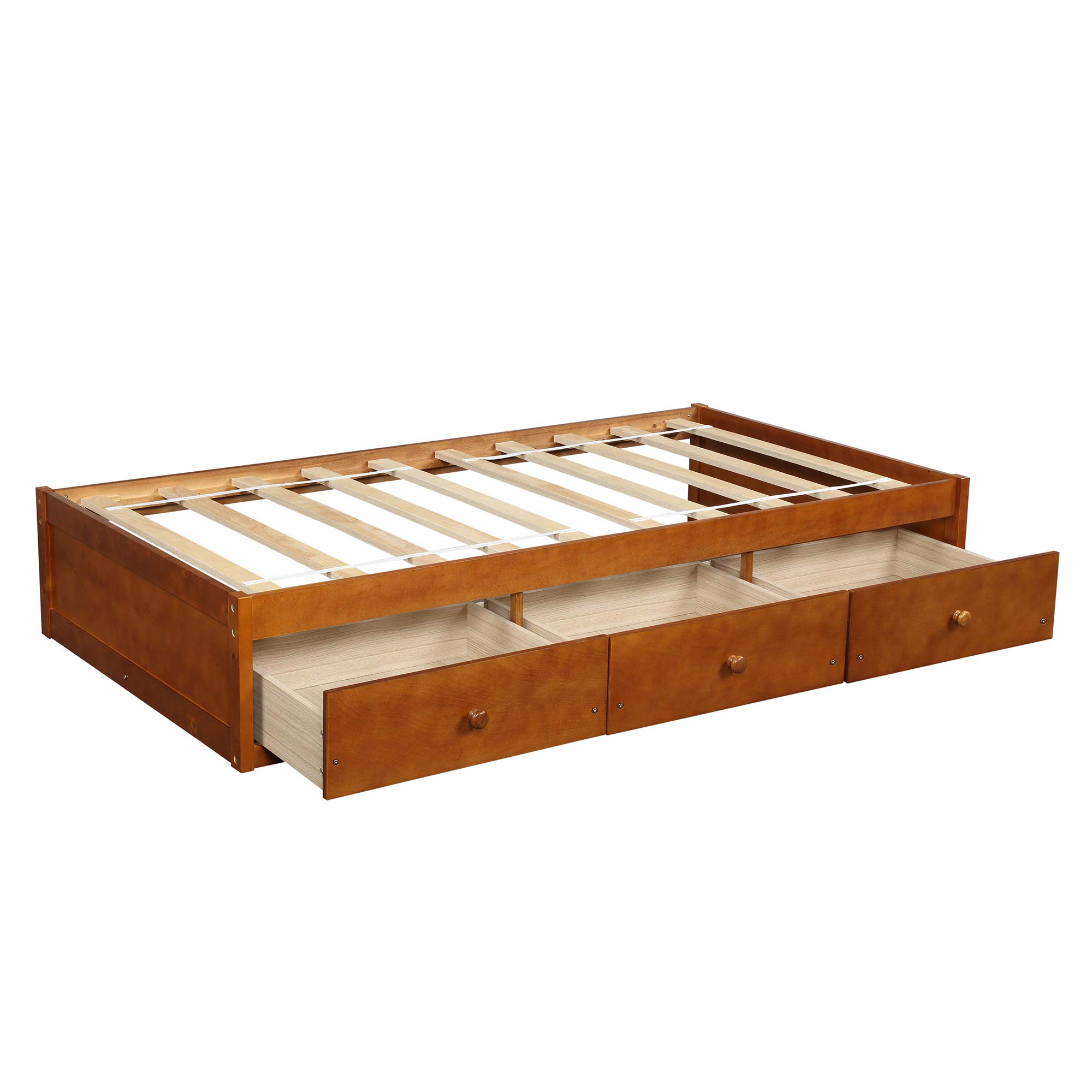 Solid Oak Twin Size Platform Bed Frame with 3 Storage Drawers & Support Slats - No Box Spring Needed, Perfect for Kids & Teens Bedrooms, Dorm Rooms or Small Spaces (Twin, Oak)