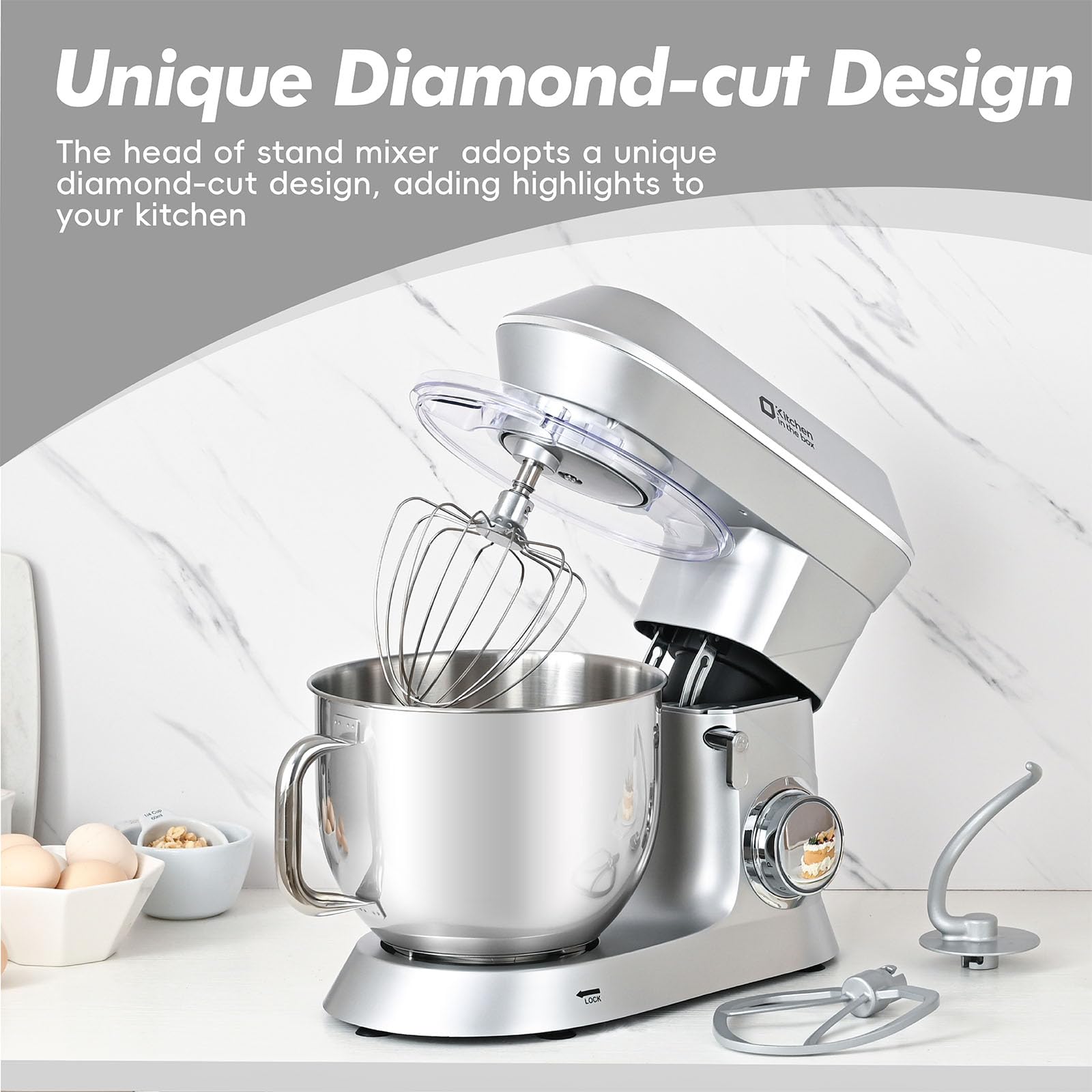 900W 7.5QT Stand Mixer - 6-Speed Tilt-Head with Dough Hook for Baking (Silver) - Perfect for Home Bakers