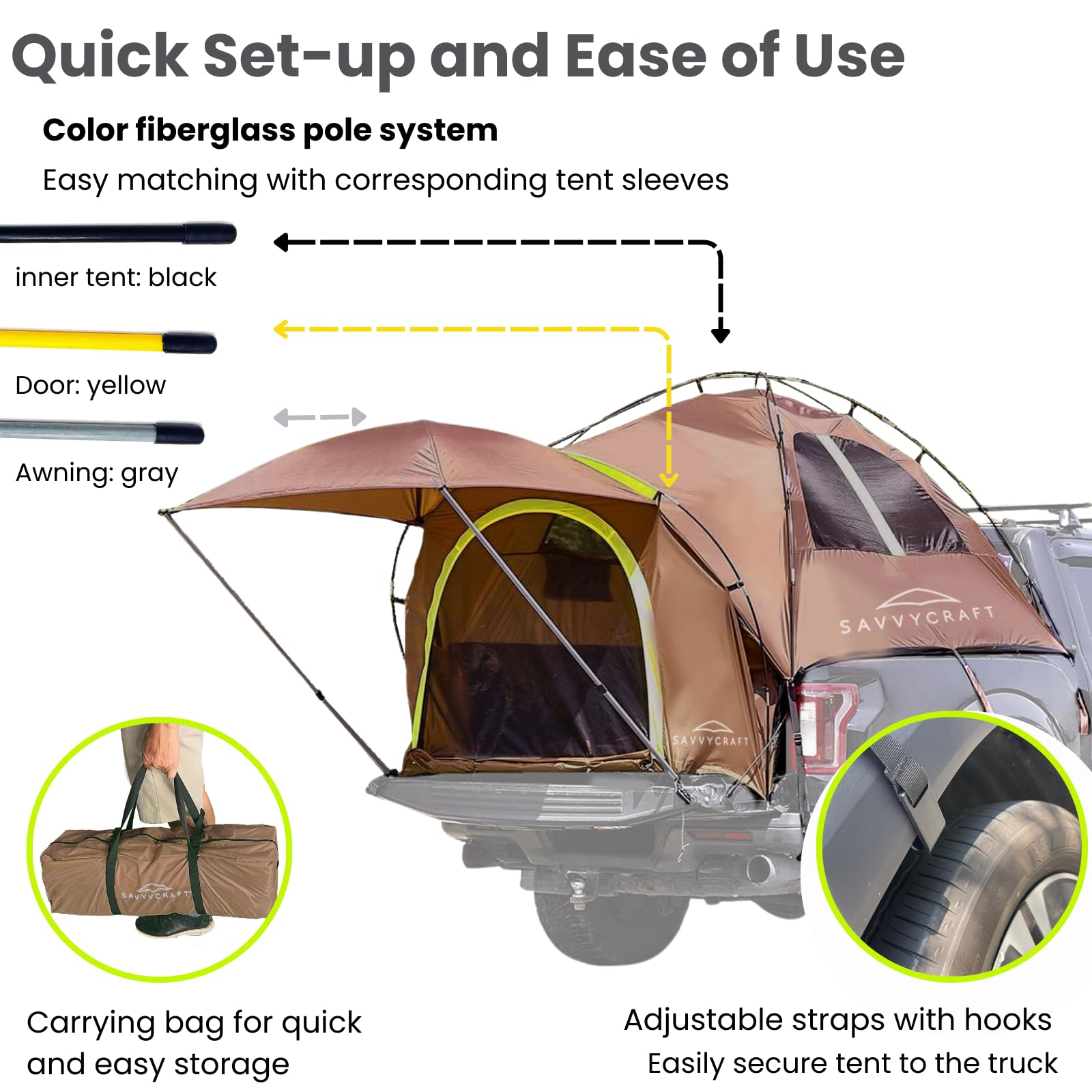 Savvycraft Waterproof Pickup Truck Tent for Full & Mid Size Trucks - P3000mm Double Layer 2-Person Camping Tent with Expandable Awning, Rainfly & Storage Bag - Perfect for Outdoor Adventures, Road Trips & Camping