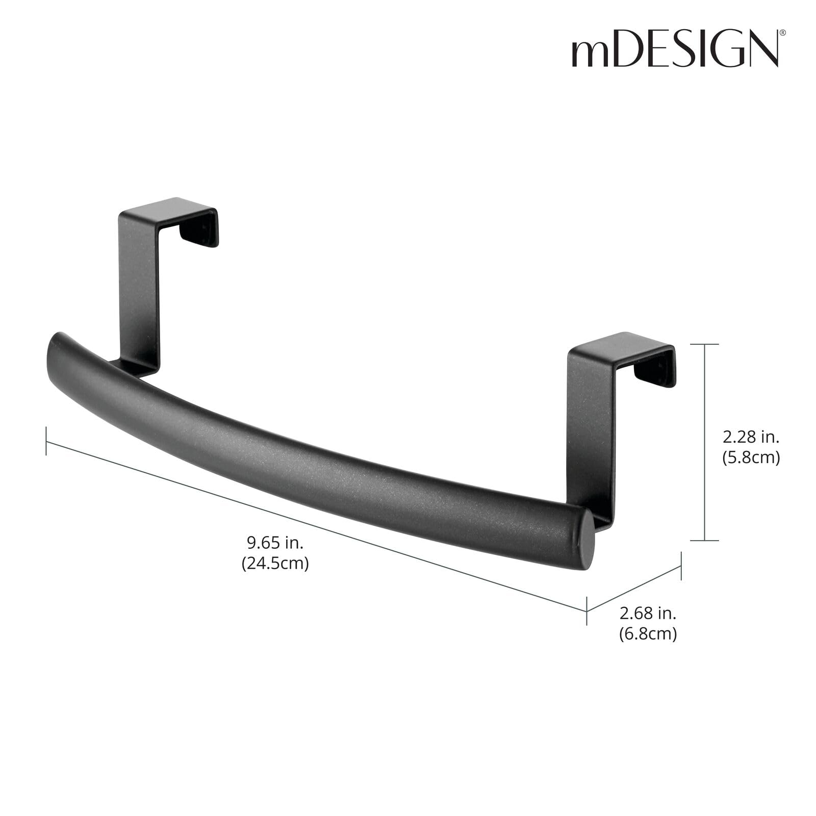 mDesign Steel Over Door Curved Towel Bar Storage - 2 Pack Black Spira Collection - Space-Saving Hanger for Cabinet, Cupboard, Kitchen & Bathroom - Holds Hand Towels, Dish Towels & Washcloths - Perfect for Small Spaces, Apartments & Dorm Rooms