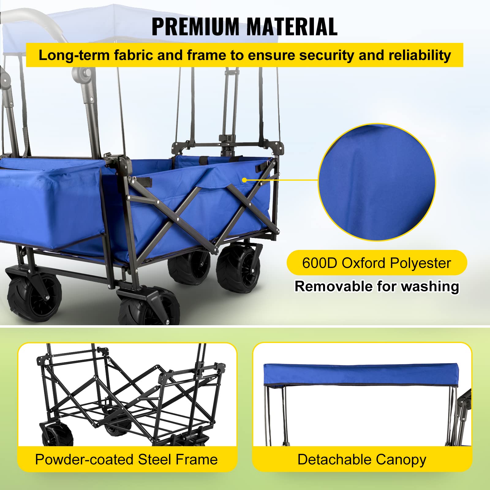 Happbuy Collapsible Wagon with Removable Canopy - Heavy Duty 220lbs Capacity Foldable Beach Wagon Cart with Large Wheels - Adjustable Push Pull Handles for Outdoor, Camping, Picnic, Grocery Shopping (Blue)