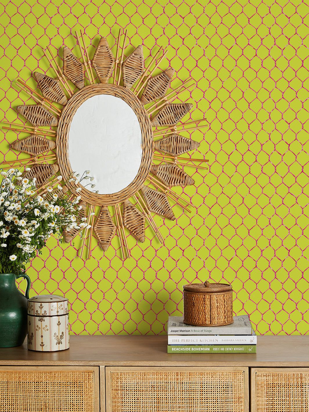 Evelyn's Chicken Wire Wallpaper by Sarah Jessica Parker - Raspberry on Citron Peel & Stick Wallpaper for Kitchen Backsplash, Farmhouse Decor, Accent Walls