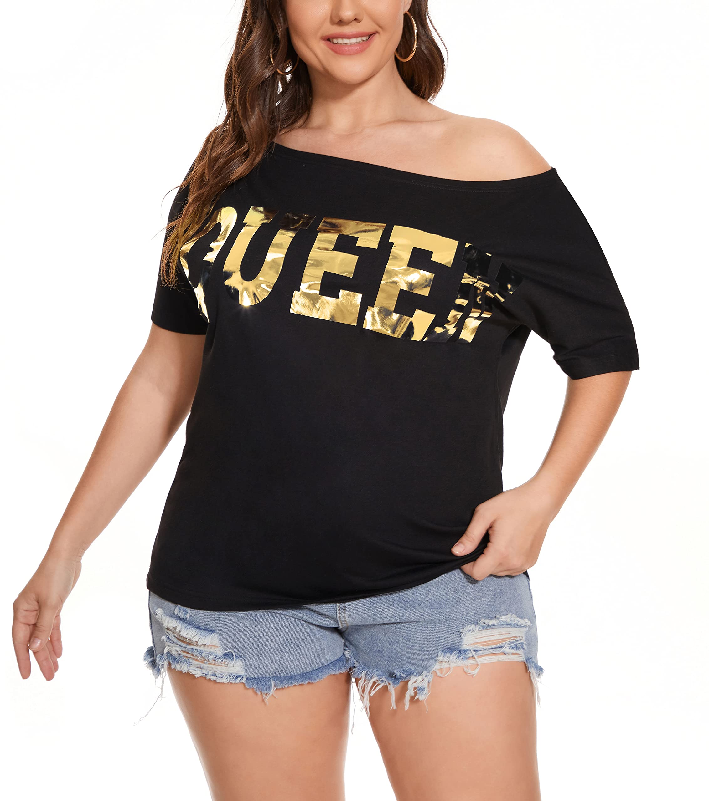PESION Women's Off Shoulder Tops - Sexy Shiny Metallic Short Sleeve Blouses with Fashion Graphic Print | Perfect for Night Out, Party & Summer Vacation