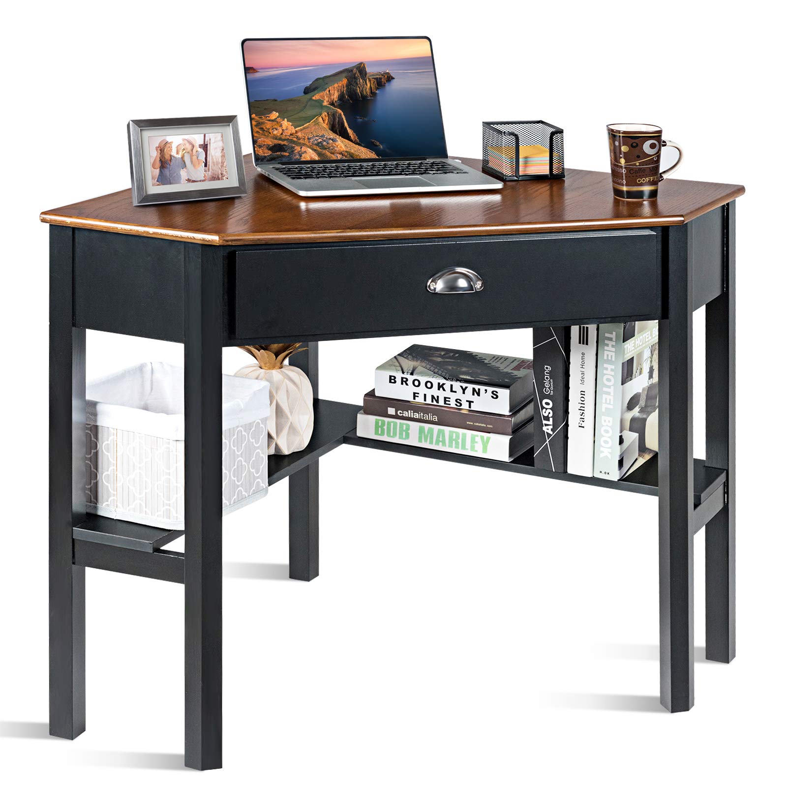 GOFLAME Compact Wooden Corner Desk for Home Office, Small Space Computer Desk with Drawer & Shelves, L-Shaped Writing Workstation for Laptop PC - Perfect for Home Office, Study Room & Coffee Nook