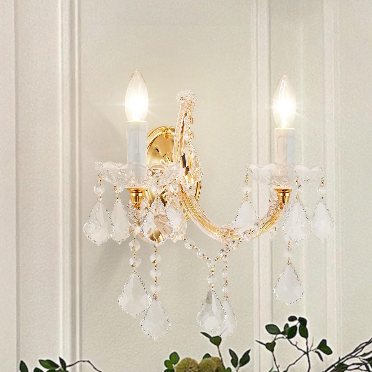 Crystal Wall Sconce Lights - Modern 2-Light Maria Theresa Style Gold Wall Lamp Fixture for Bedroom, Living Room, Hallway | Elegant Lighting for Home Decor, Bedside Reading & Corridor Ambiance