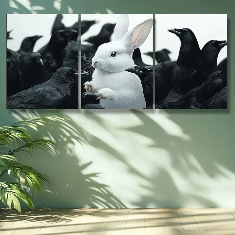 3-Piece White Rabbit & Crow Animal Art Metal Prints - Ready to Hang Wall Decor for Living Room, Bedroom & Office
