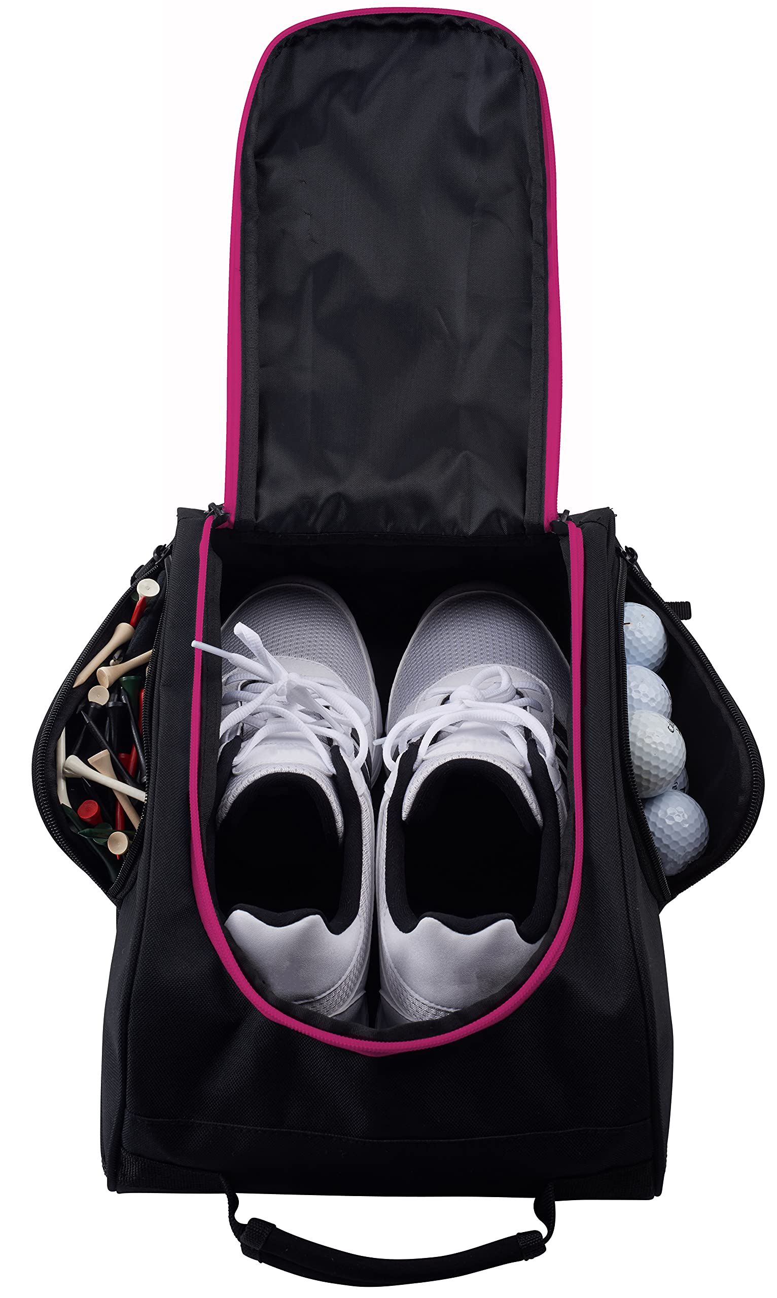 Athletico Golf Shoe Bag - Premium Zippered Shoe Carrier with Ventilation & Exterior Pocket for Socks, Tees & Accessories (Black/Pink) - Perfect for Golf Courses, Travel & Gym Storage