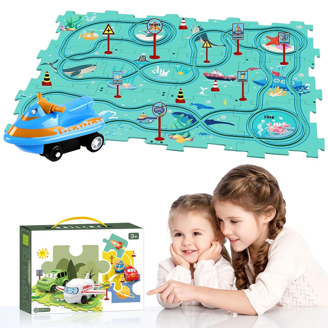 2024 Upgraded DIY Electric Trolley & Toddler Puzzle Track Play Set - Montessori Building Toys with Vehicles & Rail Cars for Kids Ages 3+ (Ocean Theme) | Perfect for Early Learning, Creative Play & STEM Development