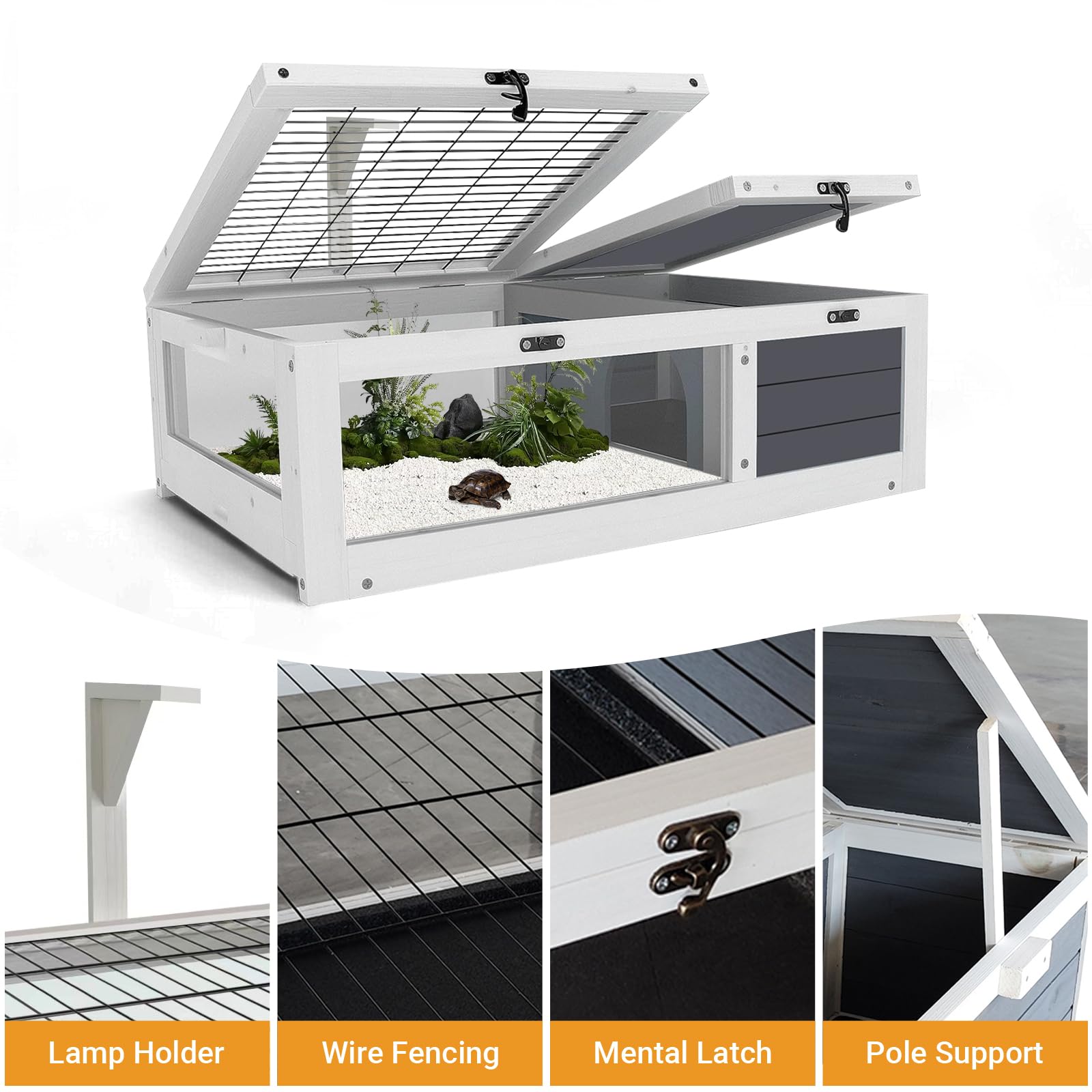 Premium Wooden Tortoise Habitat with Lamp Holder & 2 Leak-Proof Trays - Large Turtle Enclosure with Openable Lids - Indoor/Outdoor Reptile House for Tortoises & Small Reptiles - Perfect for Backyard, Garden, or Terrarium Setup