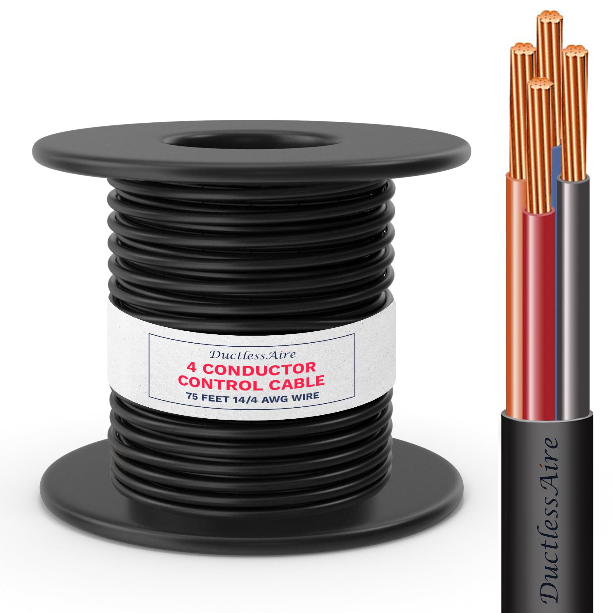 DuctlessAire 14/4 AWG 4 Conductor Control Cable for Mini Split AC, HVAC & Heat Pump Systems - 75 ft Marine Grade Wire with Color Coded Conductors & Black Jacket - Perfect for Indoor/Outdoor Installation & Harsh Weather Conditions