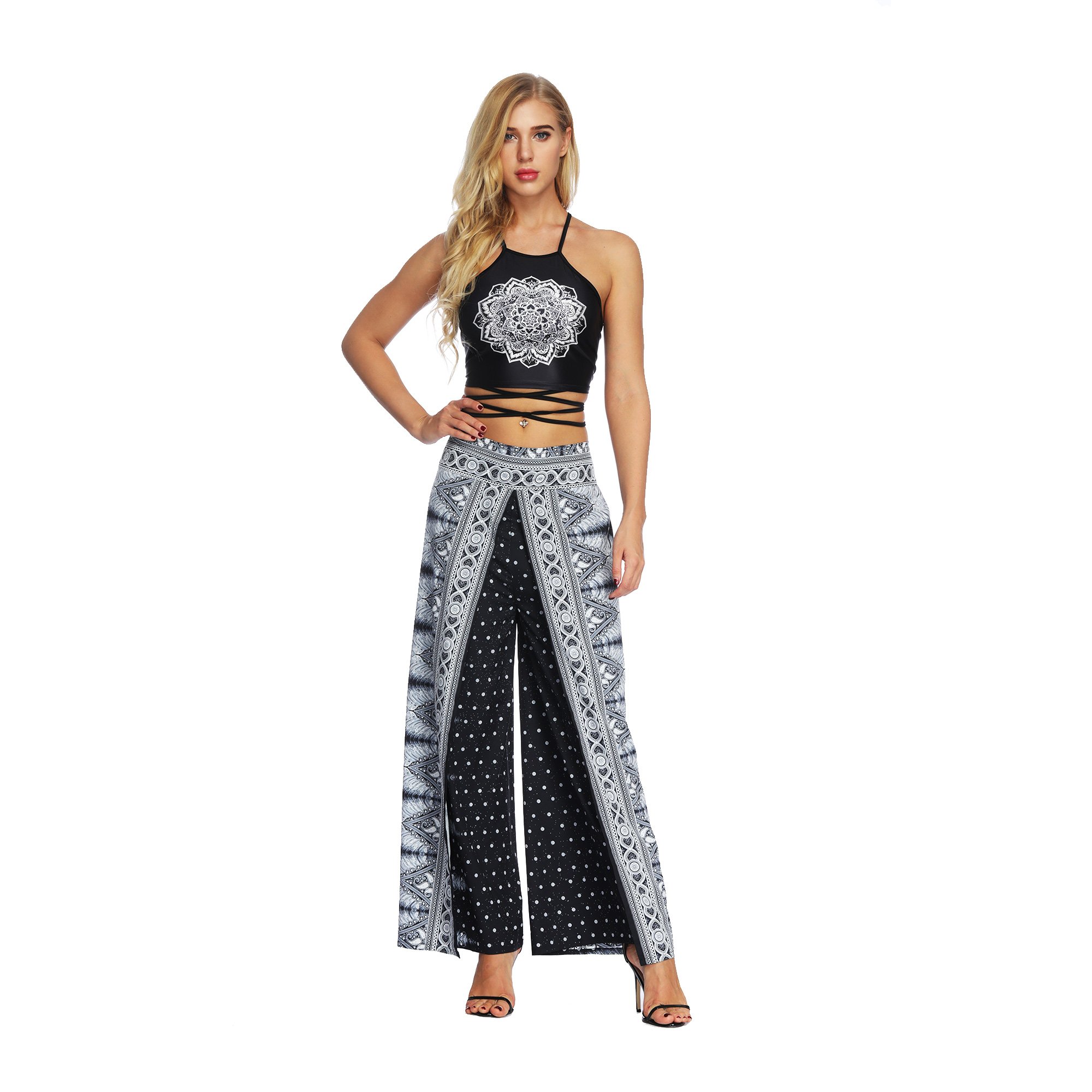 Women's High Waist Slit Wide Leg Pants - Bohemian Hippie Casual Yoga Pants for Summer Beach, Lounge & Vacation Wear