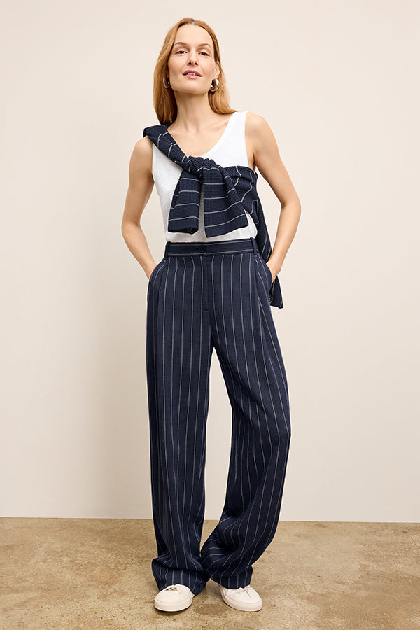 Fitz Pleated Summer Pinstripe Trousers for Men - Navy/Ivory Stripe - Office Wear & Casual Summer Outfits