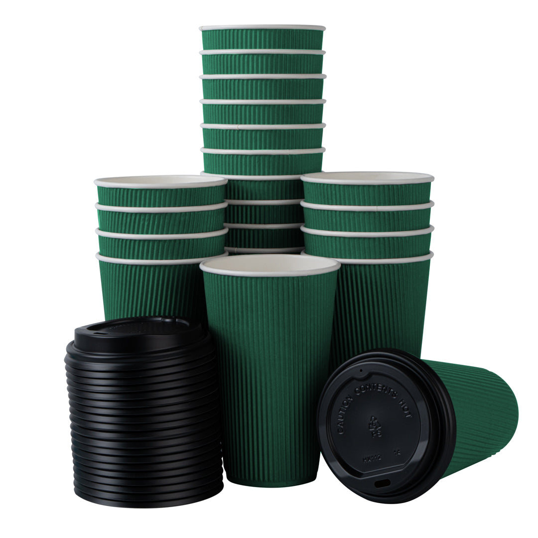 16 oz Eco-Friendly Forest Green Ripple Wall Paper Coffee Cups with Black Lids - 20 Count Box (3.5