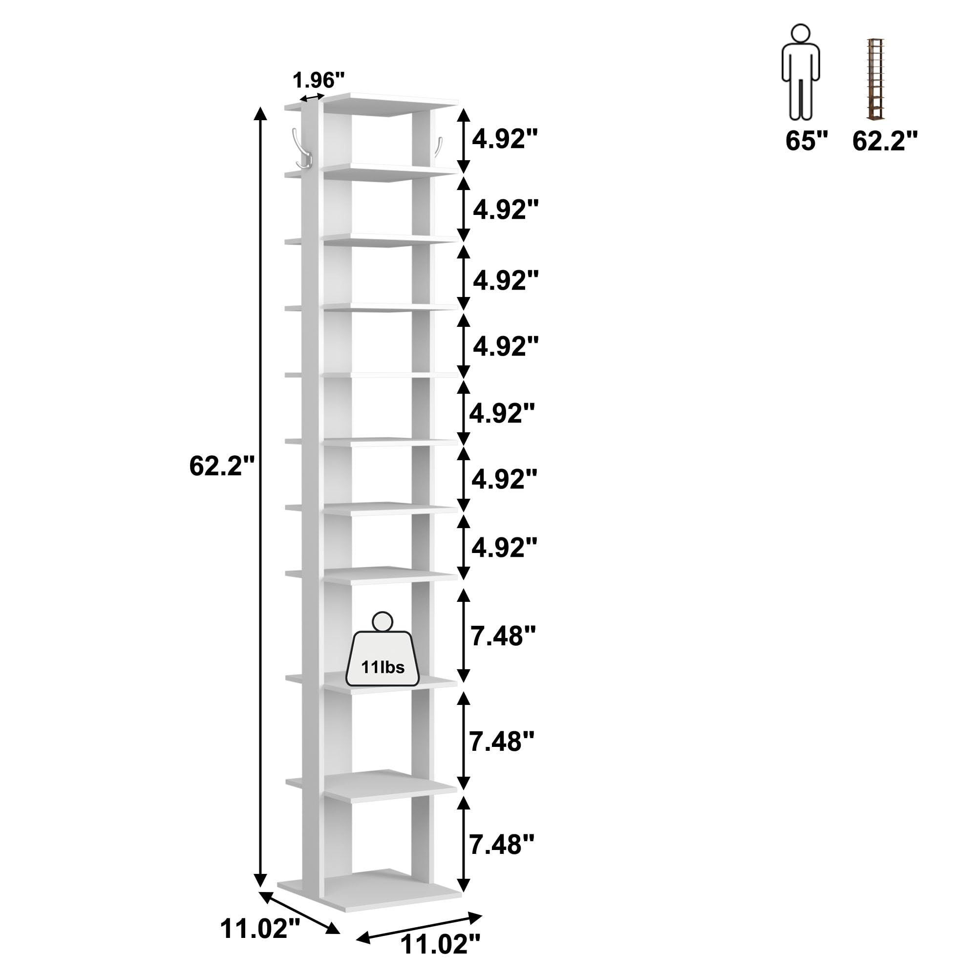 HOMEFORT 10-Tier Vertical Shoe Rack Organizer - Space Saving Corner Shoe Tower with 2 Hanging Hooks - Slim Wooden Shoe Storage Stand for Entryway, Hallway, Closet - Perfect for Small Spaces & Shoe Lovers (White)