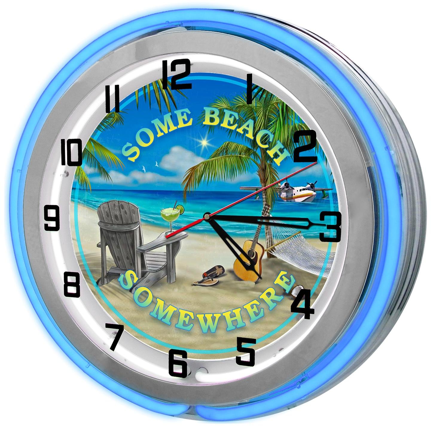 18 Inch Blue Double Neon Garage Clock - Vintage Retro Wall Clock for Home, Bar, Cafe & Man Cave Decor - Some Beach Somewhere Design