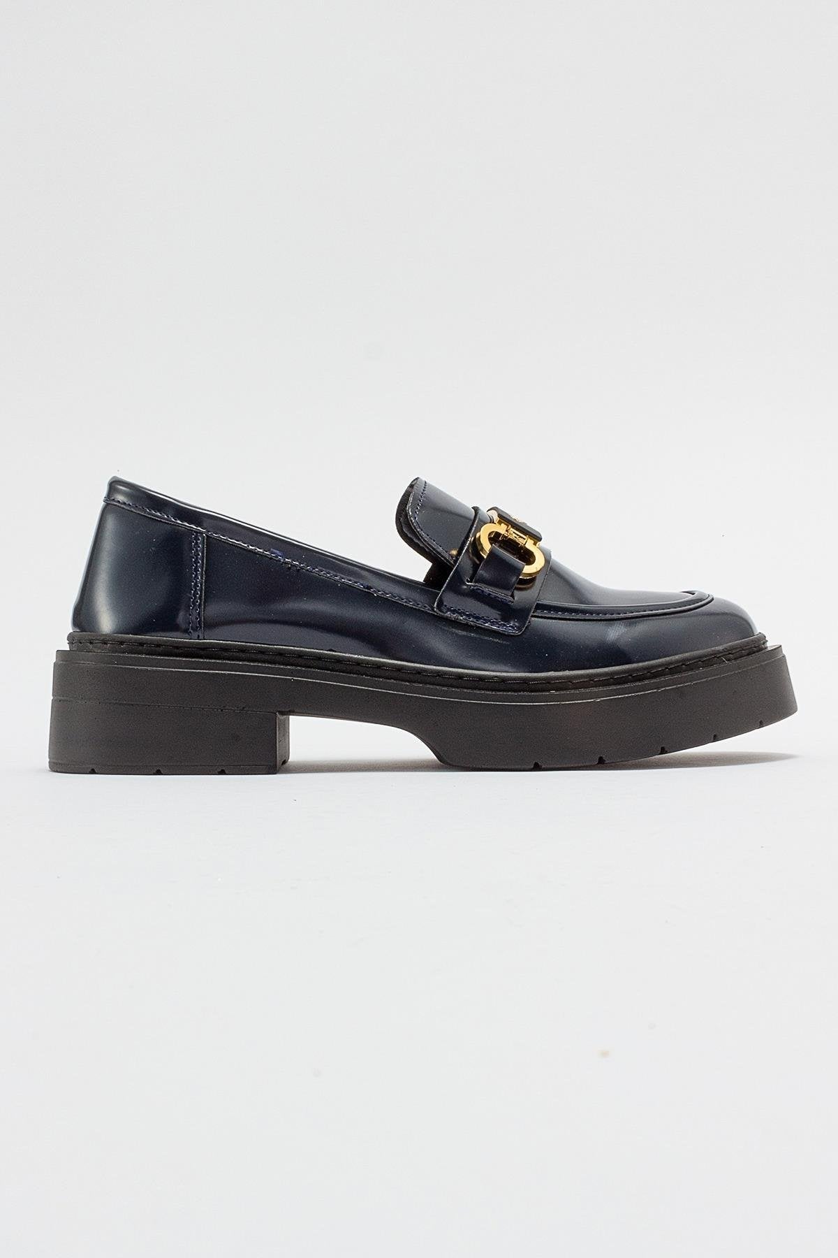 Simone Navy Patent Leather Bit Platform Loafers for Women - Stylish & Comfortable Dress Shoes for Work, Office, and Casual Outfits