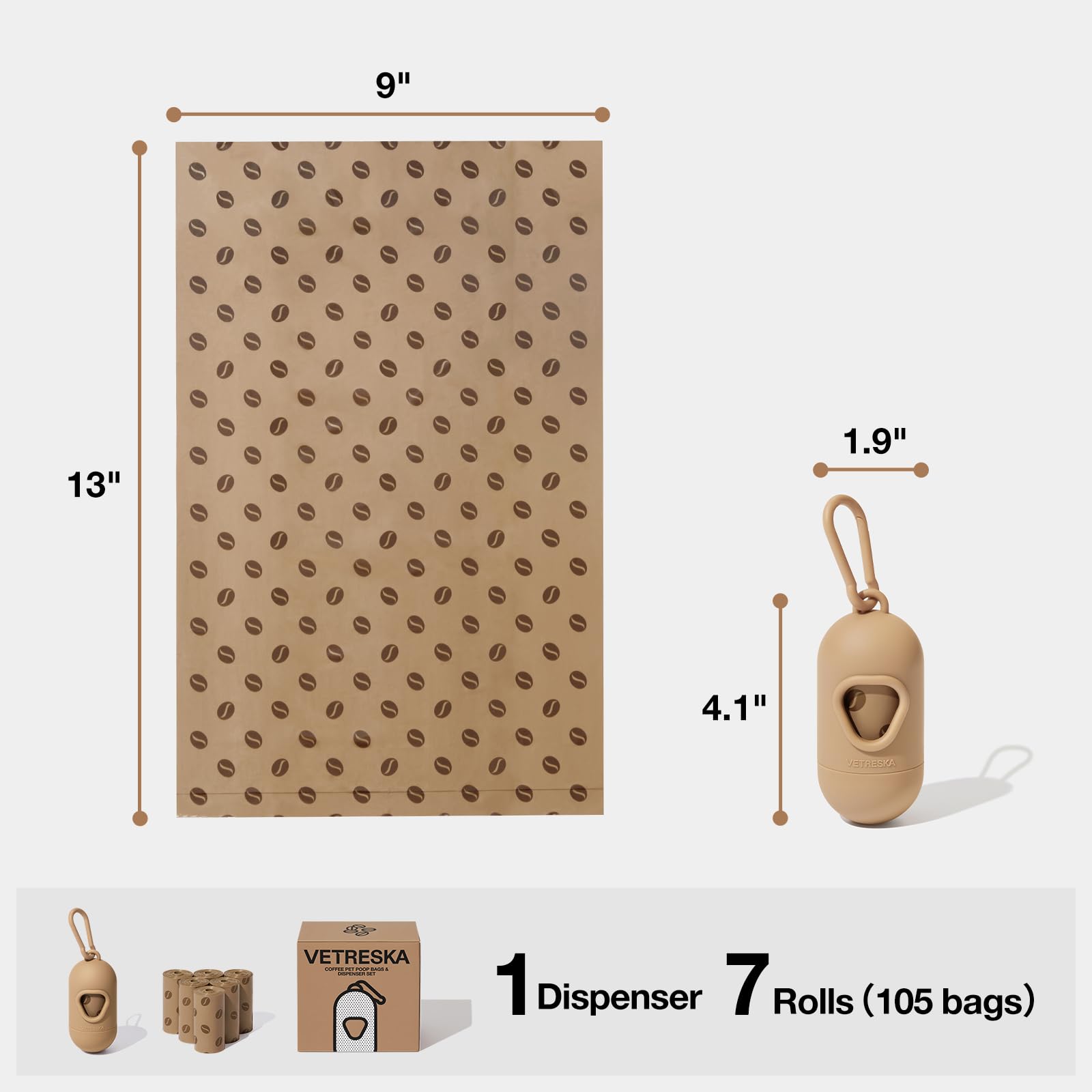 VETRESKA Scented Dog Waste Bag Dispenser with Coffee Aroma - Leak Proof, Extra Thick Pet Waste Bags - 1 Holder & 105 Bags (7 Refill Rolls) for Dogs & Cats - Perfect for Walks, Park Visits & Outdoor Adventures