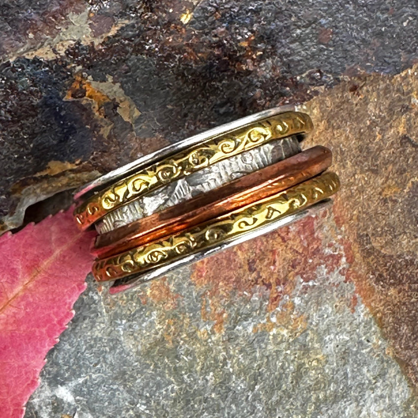 Sterling Silver Brass & Copper Wide Band Spinner Ring Size 7 for Men & Women - Stress Relief Fidget Jewelry for Anxiety, Meditation & Focus - Trendy Unisex Fashion Accessory
