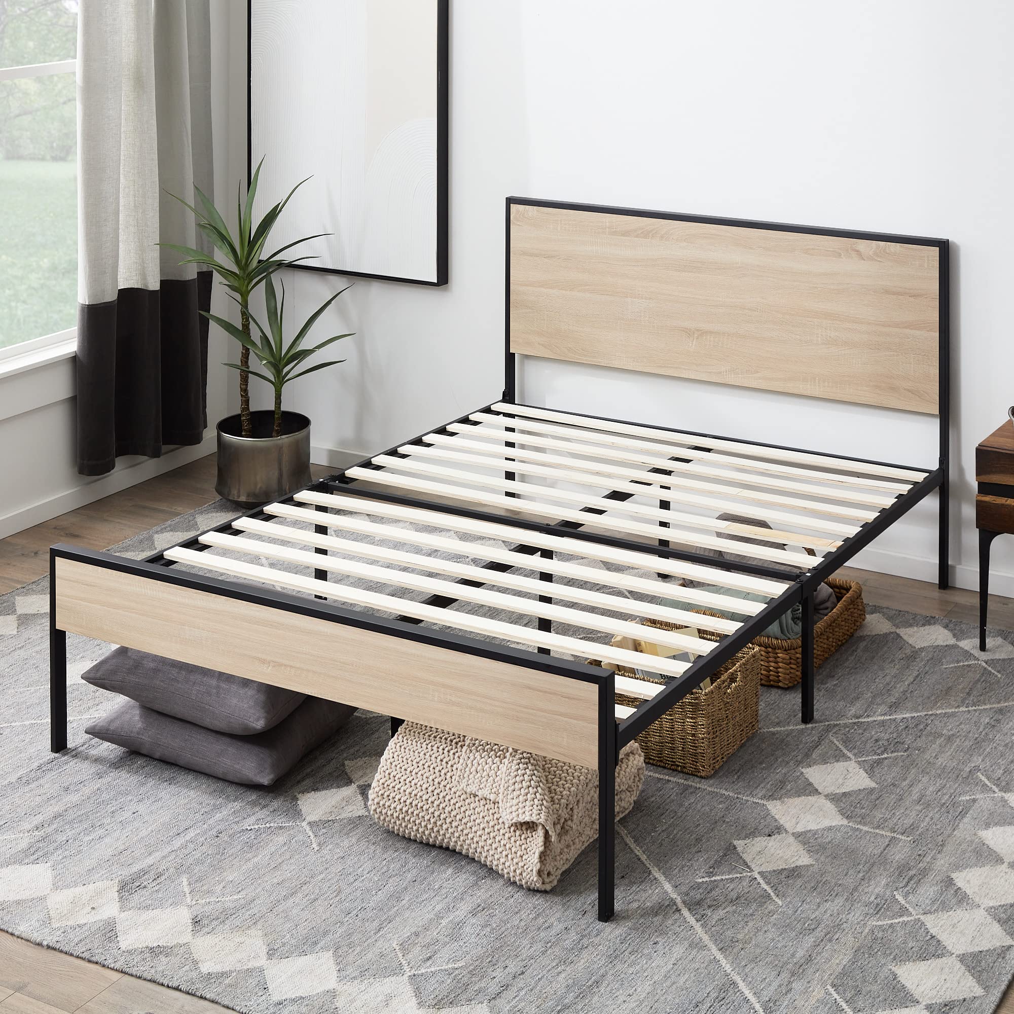 Edenbrook Queen Size Metal Platform Bed Frame with Wood Headboard & Footboard - White Oak Finish - No Box Spring Needed - Perfect for Modern & Minimalist Bedrooms