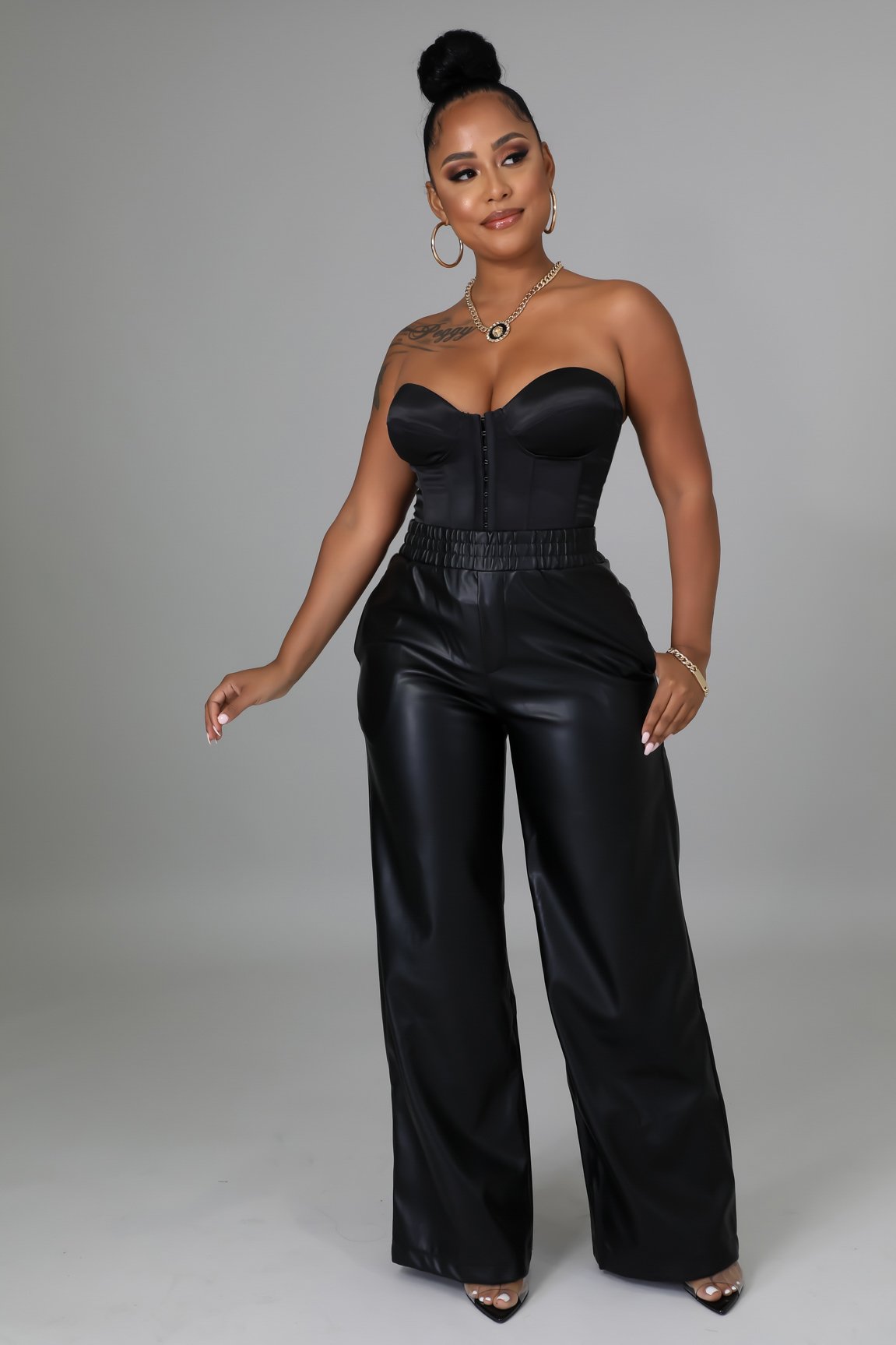 Celina Women's Leatherette Wide Leg Pants - Black High Waist Stretch Comfortable Trousers for Work, Office & Casual Outfits