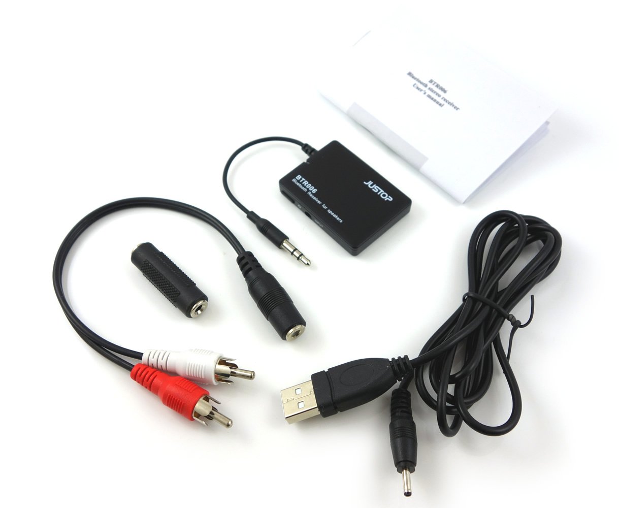 JUSTOP BTR006 Wireless Bluetooth Audio Receiver - 3.5mm Jack, Universal Speaker Adapter, Built-in Rechargeable Battery, Audio Cable & 3.5mm Adapter for Home Stereo, Car Audio, and Portable Speakers