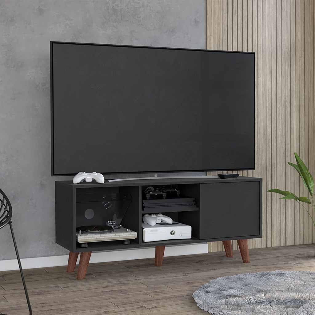 Tuhome 57 Inch TV Stand with 3 Shelves and Single Door Cabinet - Black for Living Room, Bedroom, or Home Theater Setup
