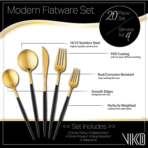 Vikko Decor Modern Silverware Set - Matte Black & Gold 18/10 Stainless Steel Flatware - 20-Piece Cutlery Set for 4 - Elegant Two-Toned Long Handled Dining Utensils - Perfect for Fine Dining, Dinner Parties & Upscale Restaurants