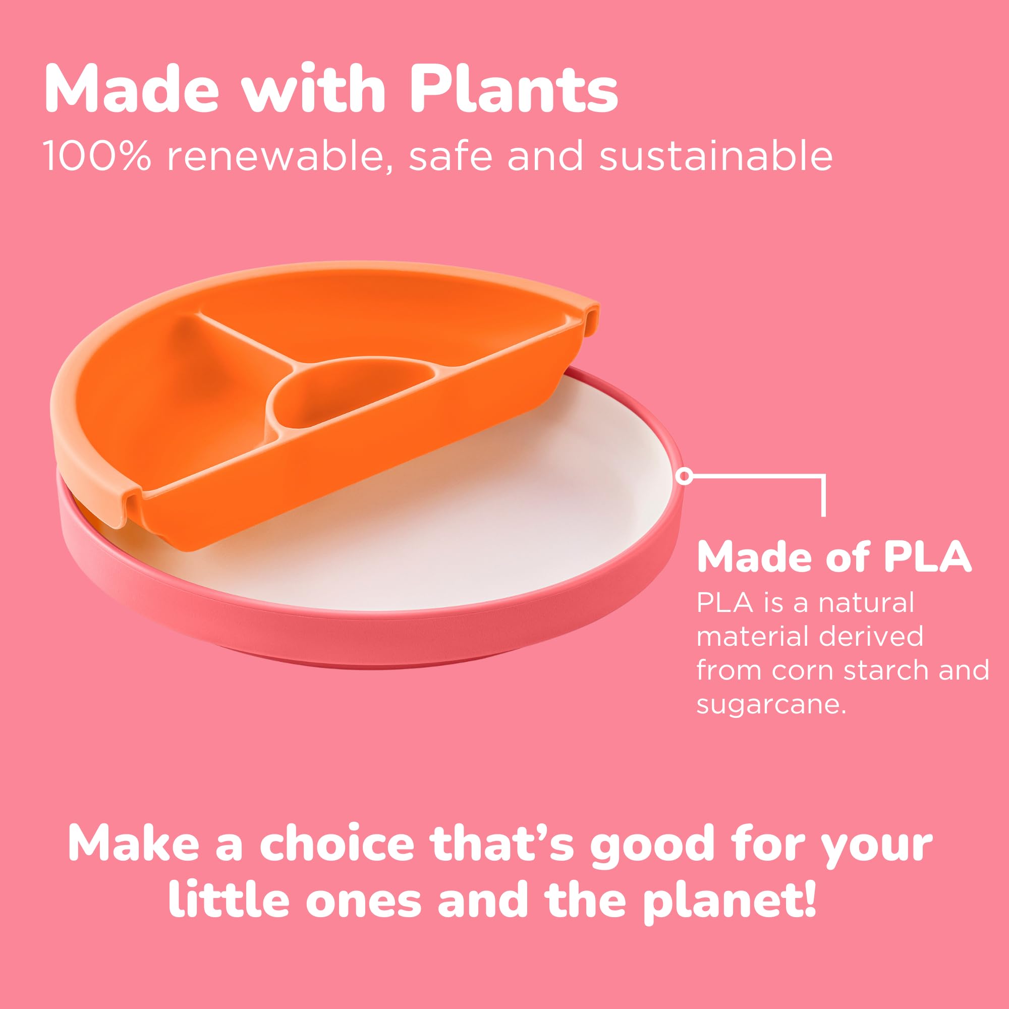 Omie® Easy Scoop Kids Plates - Eco-Friendly Plant-Based Dishware with Built-In Spoon Guide | 3 Divided Plates + 2 Silicone Dividers | Pink | Perfect for Toddler Mealtime & Mess-Free Dining