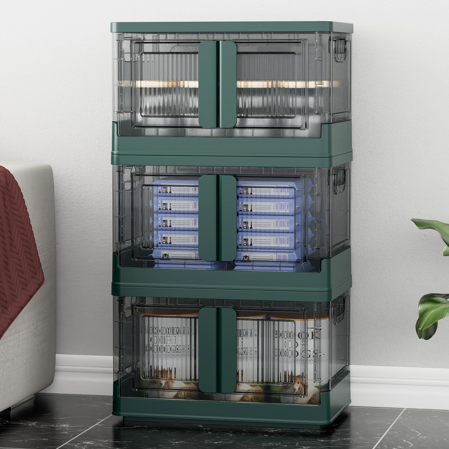 8.4 Gallon Collapsible Stackable Storage Bins with Lids & Wheels - 3 Pack Plastic Foldable Organizer Boxes for Closet, Home, Office & Dorm Room Organization - Perfect for Clothes, Toys, Books & Seasonal Storage