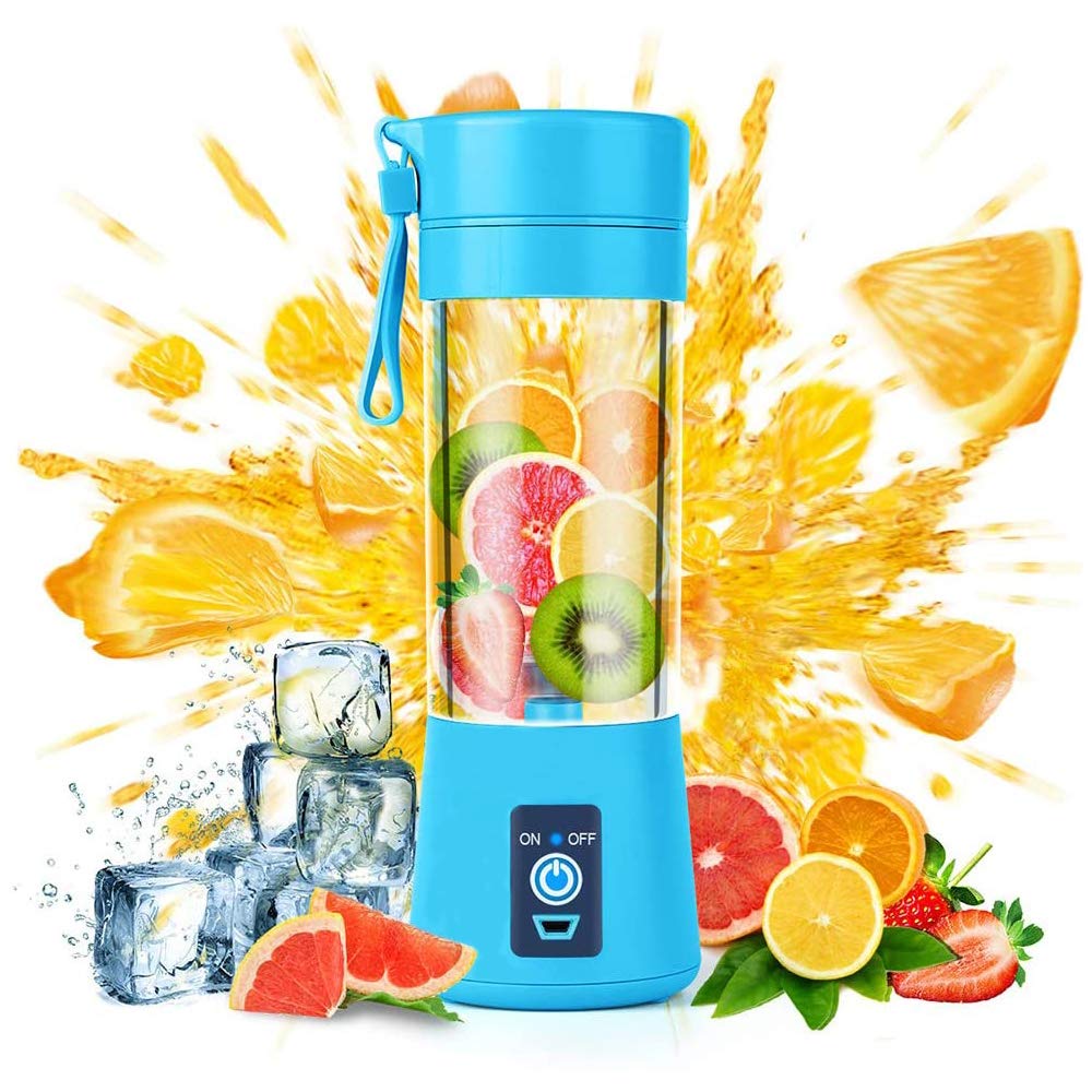 380ml Portable USB Rechargeable Blender - 3D 6-Blade Mini Juicer for Smoothies, Baby Food, Fruit Juice & Milk Shakes | Personal Blender Cup with Travel Lid | Perfect for Home, Office, Gym & Outdoor Use (Blue)