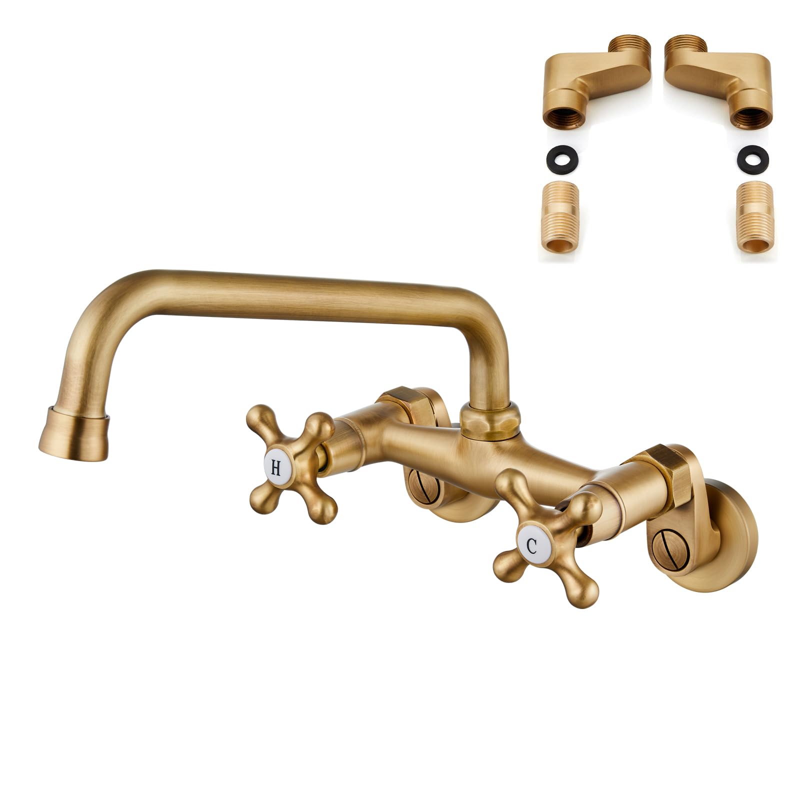 Antique Brass Wall Mounted Kitchen Faucet - Double Cross Handle 9