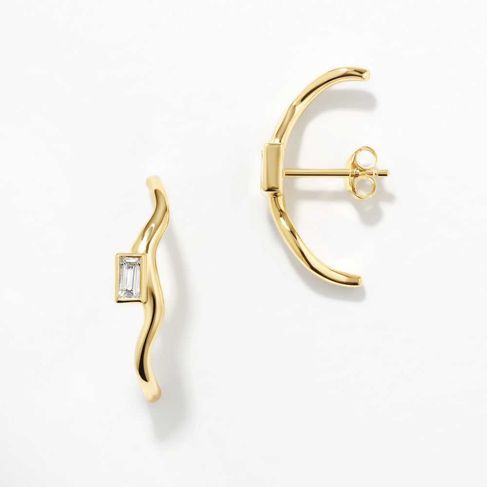 White Topaz Baguette Wave Suspender Bar Earrings in Gold - Elegant Dangle Earrings for Women, Perfect for Weddings, Parties & Evening Events