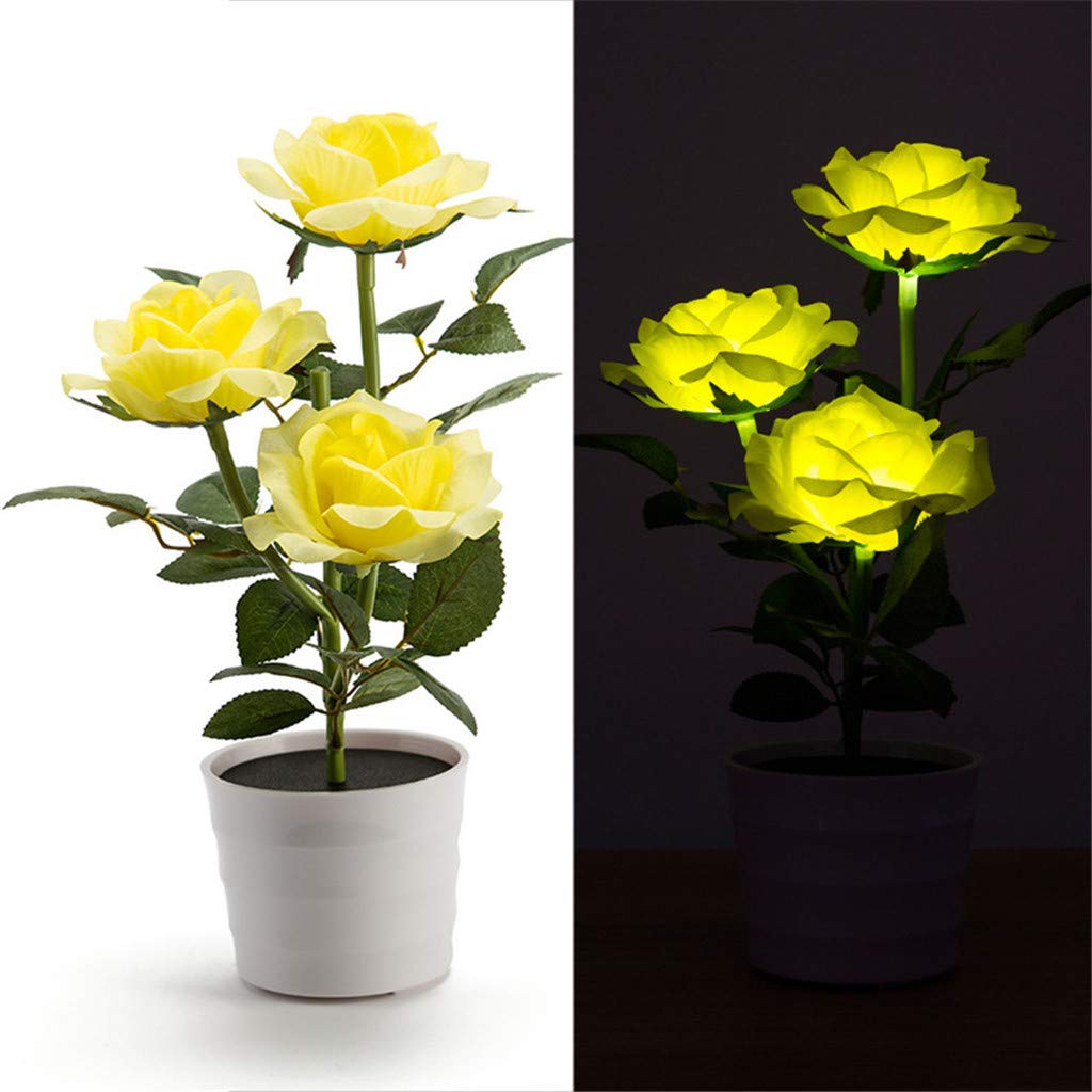Solar Rose Flower Lights - LED Artificial Rose Pot Bonsai Lamp (Yellow) for Garden, Patio, Wedding & Home Decor
