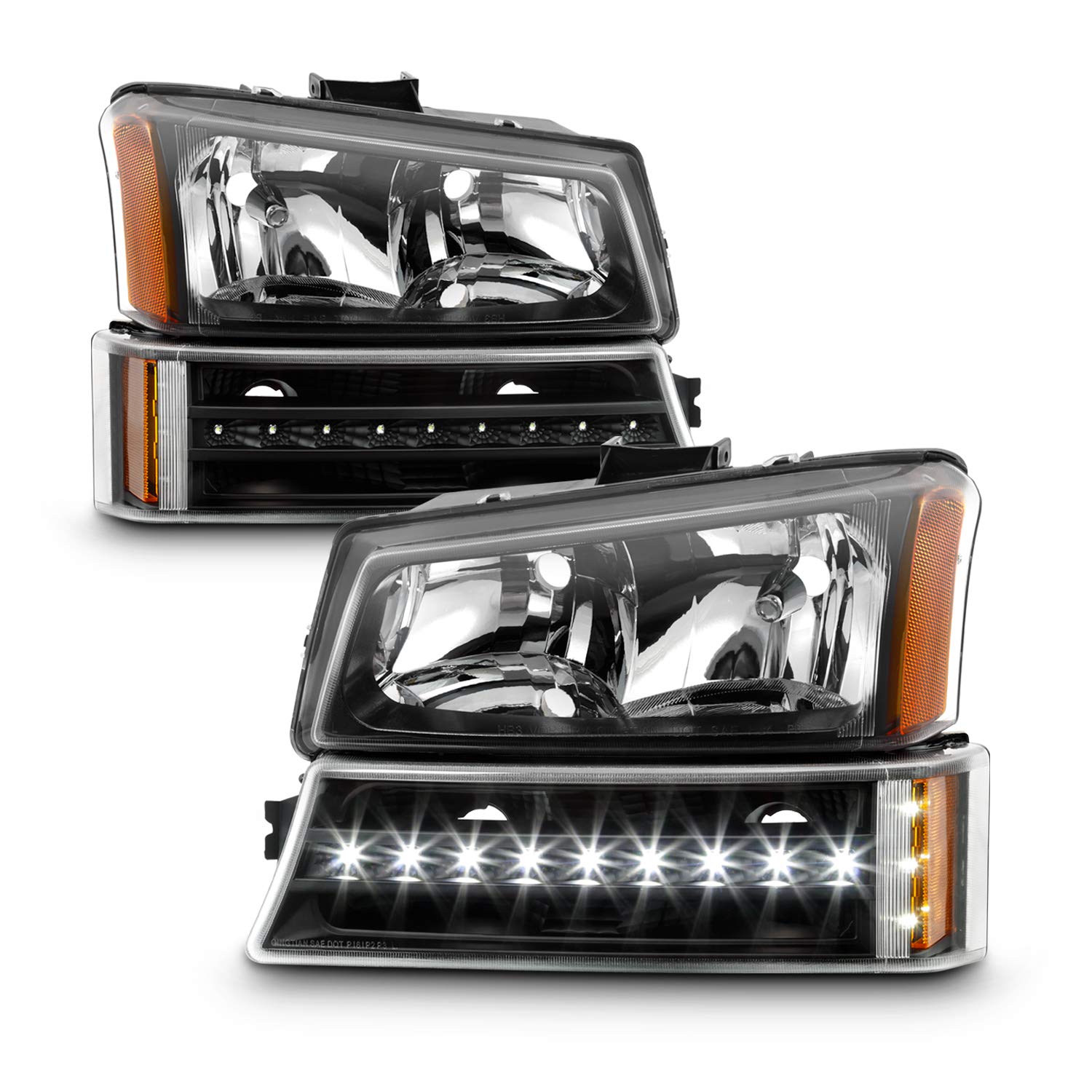AKKON Black LED Headlights & Bumper Lights Pair for 2003-2006 Chevy Avalanche 1500/2500 & Silverado 1500HD/2500HD/3500 (2007 Classic) - Upgrade Your Truck's Style & Night Visibility for Off-Roading & Daily Driving